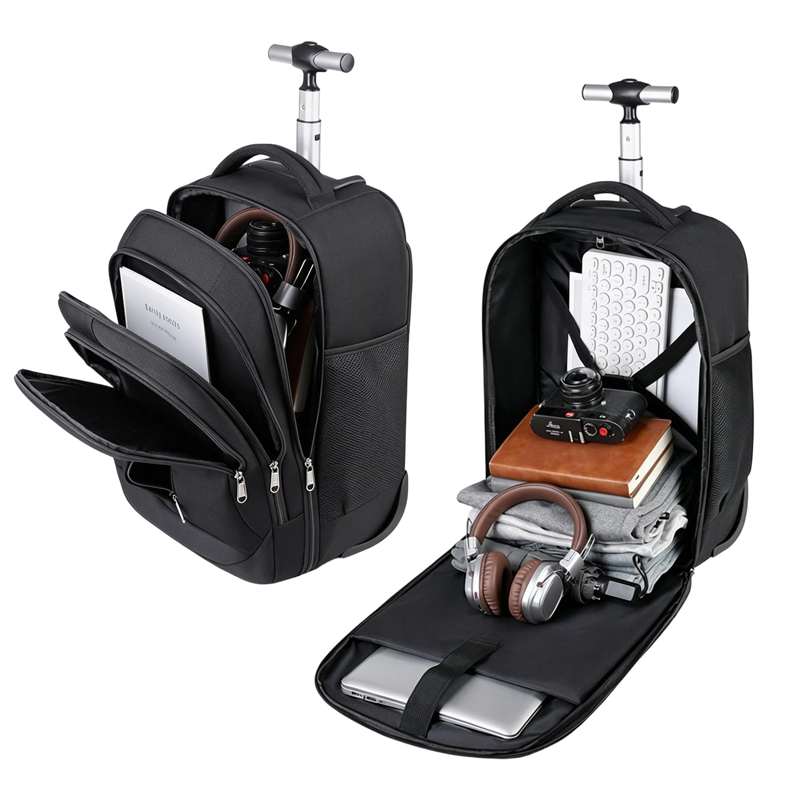 Mochila con Ruedas Adulto, 18'' Trolley para Portátil para Hombre, Mujer, Maletin Grande Resistente al Agua Bolsa de Viaje Cabina Avion para Empresas Escolares, Negro (Negro)