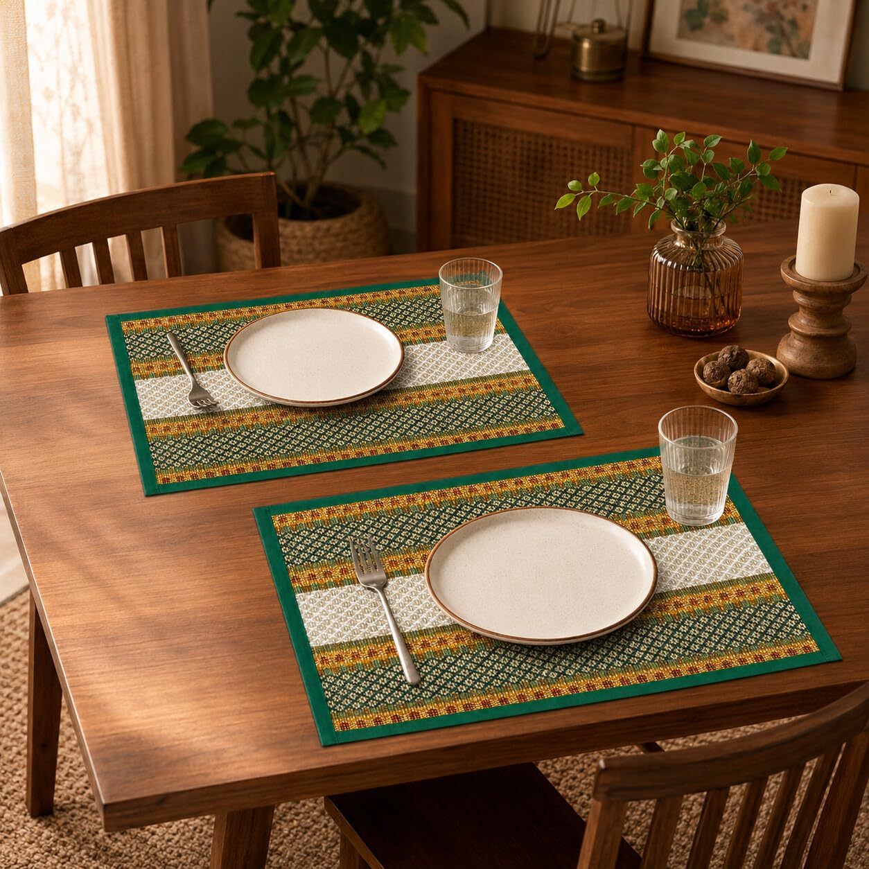 Mamaji Korai Grass Table Mats Set of 2, 18 x 12 Inch, Emerald Green | Handwoven reversible Korai grass placemats for dining tables; set of 2 with natural woven texture and easy wipe-clean care.-image-44