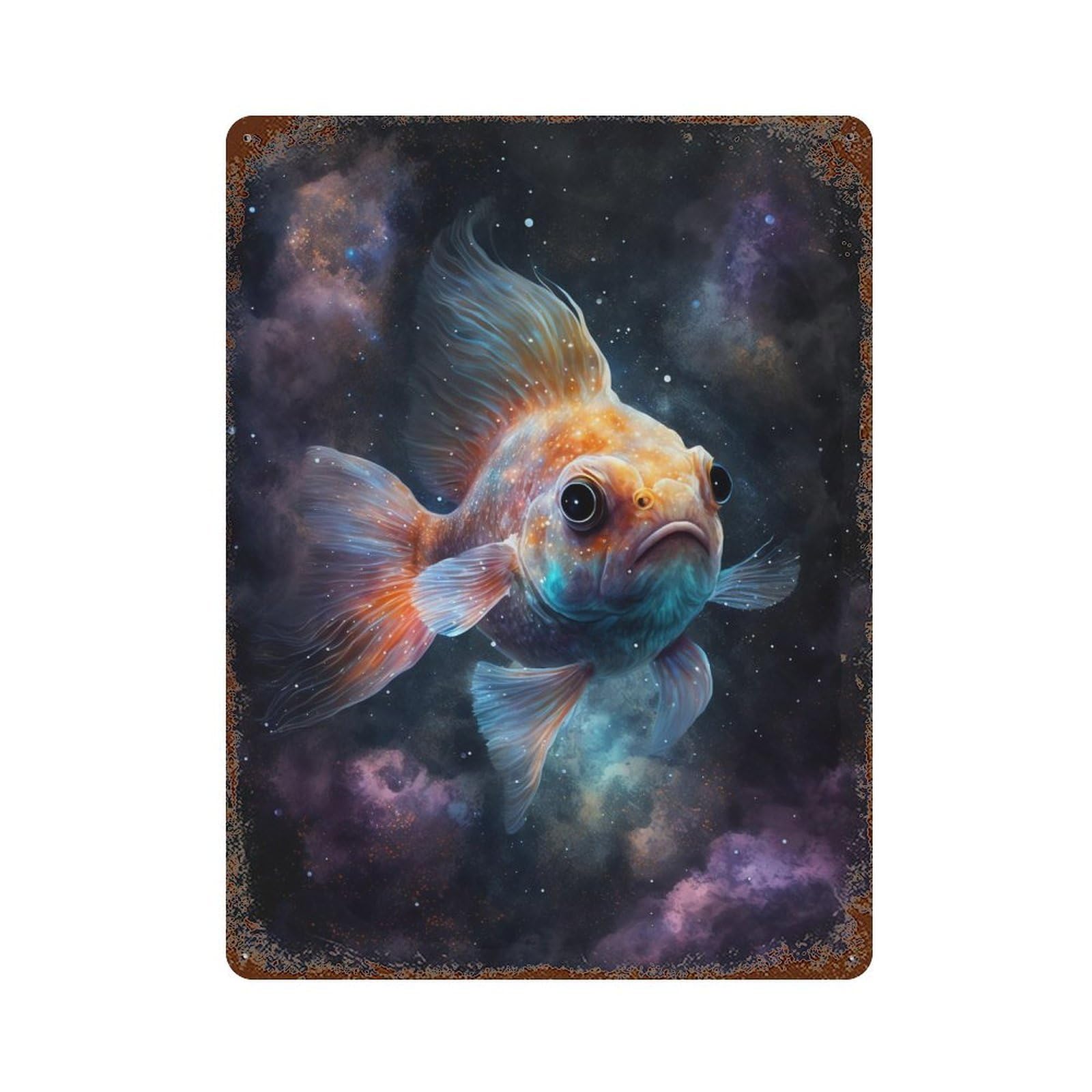 Vintage Rust Metal Sign Cosmic Goldfish Painting 15.7"x11.8", Vintage Wall Decor for Office, Studio And Wall Decor