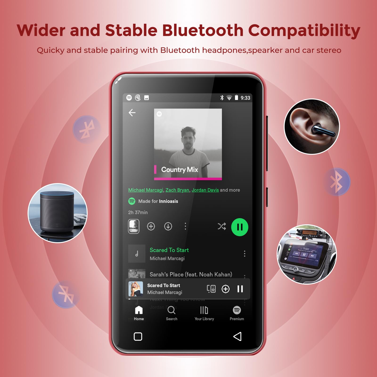 Innioasis 80 GB Reproductor MP3 con Bluetooth y WiFi, Reproductor de música Mp3 y Mp4 ave Spotify, Kids, Tidal, Deezer, Reproductor de vídeo de pantalla táctil de 4 pulgadas 1080P (negro+rojo)