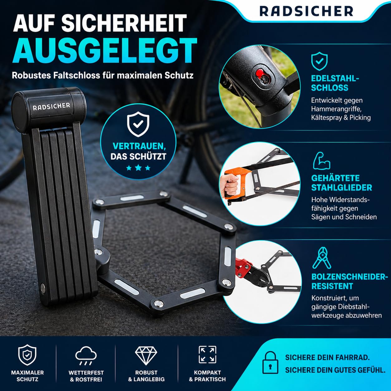 RADSICHER Antivol pliable - Antivol de vélo robuste en acier - Avec support et 2 clés - Antivol pliable sécurisé pour vélo électrique, VTT et vélo de ville