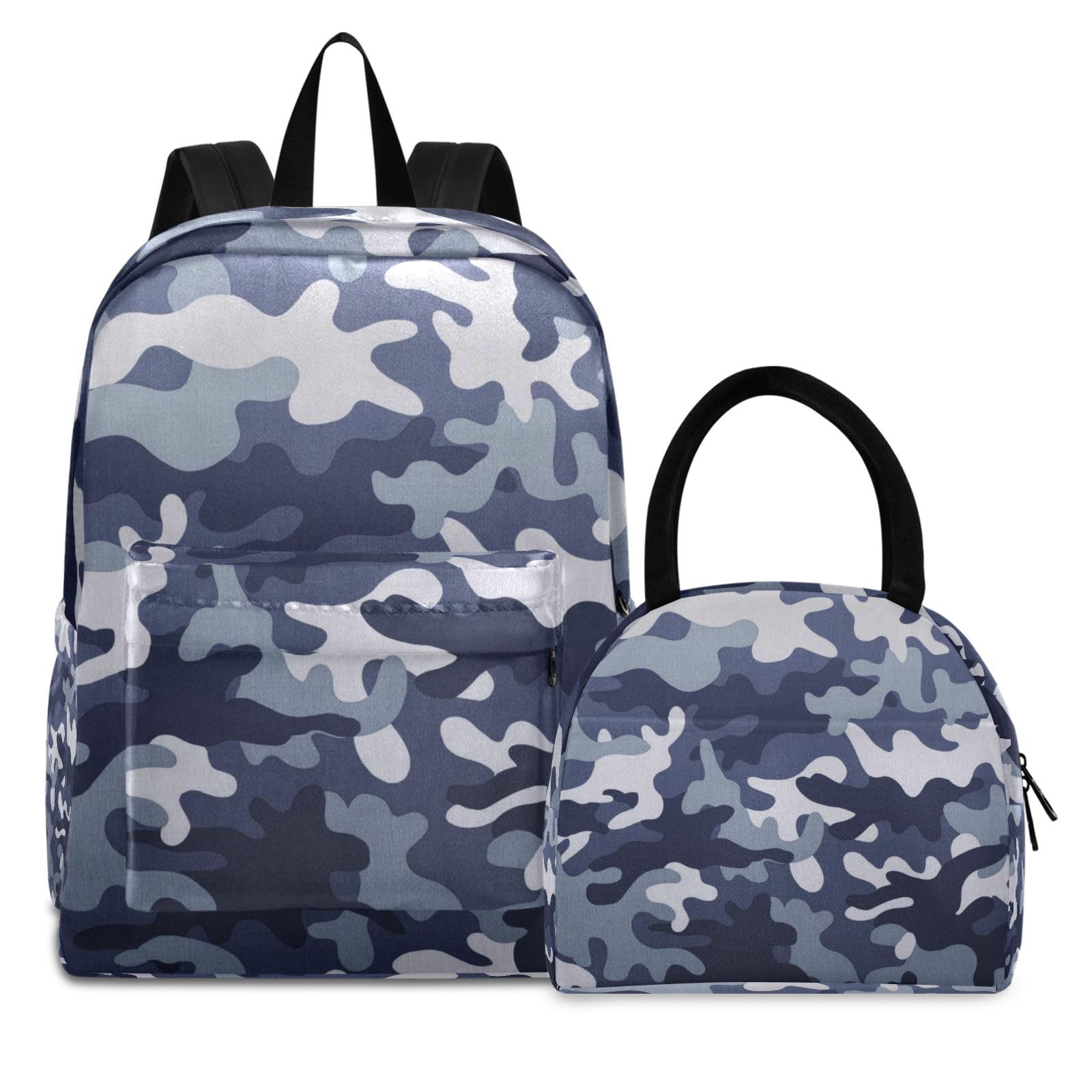 Mnsruu Juego de mochila para niños, diseño de camuflaje azul y gris, mochila escolar con bolsa de almuerzo para adolescentes, niñas y niños, #03, Taille unique