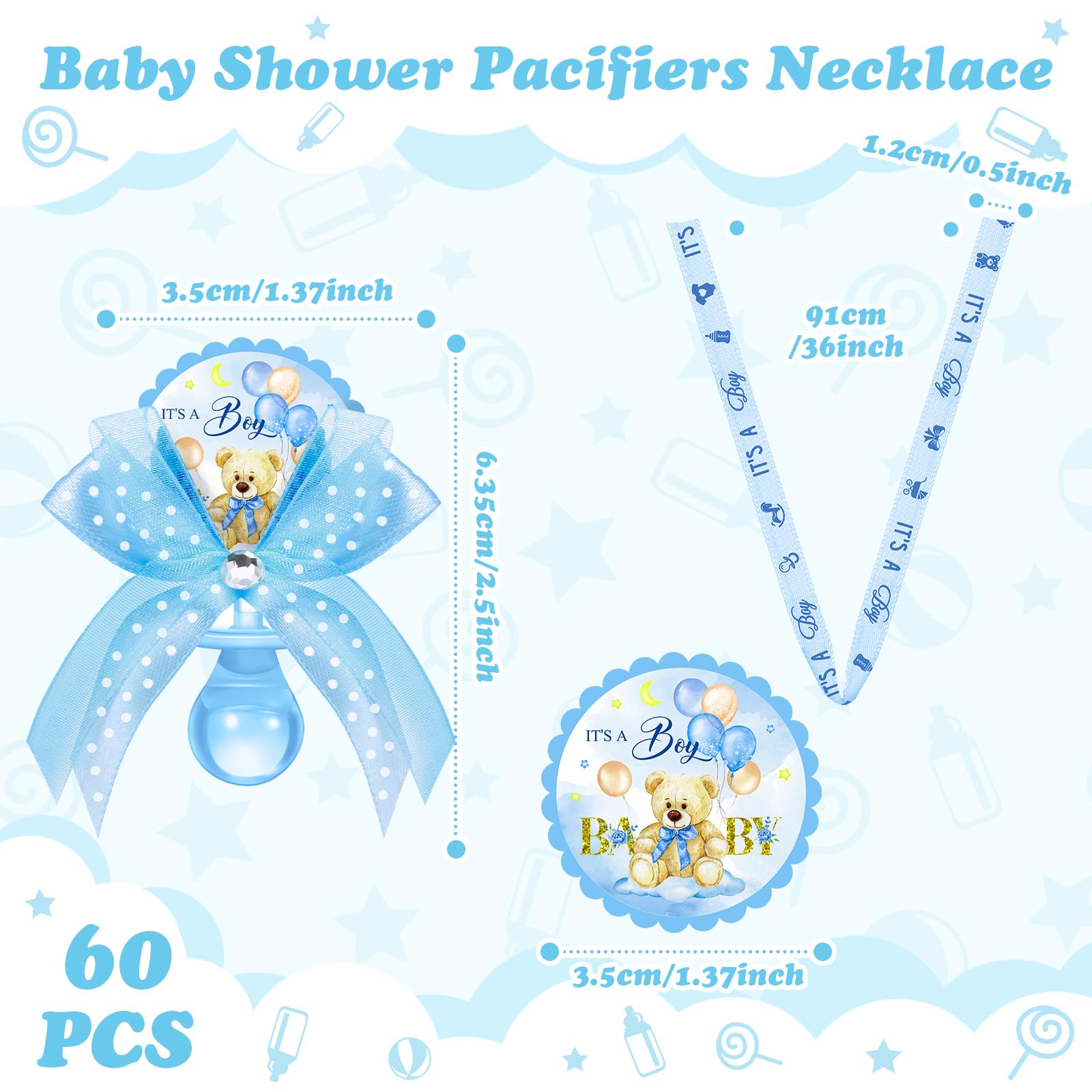 Threlaco 60 piezas de collar de chupete para baby shower, lindo oso acrílico, chupete de bebé, recuerdos de fiesta, chupete con dije de chupete para decoración de fiesta de baby shower, piezas de mesa
