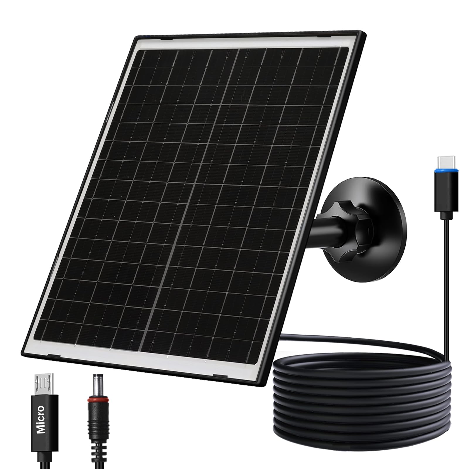 Zivif Caricatore solare USB-C da 10 W con pannello in vetro, pannello solare USB per telecamere di sicurezza, con DC 5,5 x 2,1 mm e porta micro USB, impermeabile IP66 con supporto regolabile e cavo da