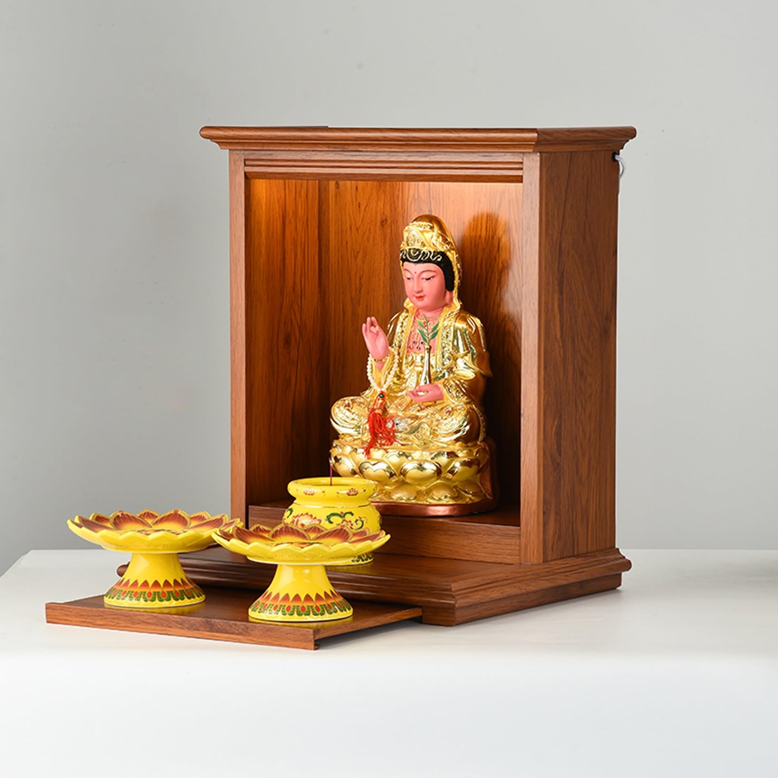 JNTFNE Buddha Altar Shelf Shrine, Wall Mounted Wood Offering Table, Chinese Style Guan Gong God of Wealth Pagoda Buddhist Niche ，Buddha Cabinet for Home Décor(Walnut,39x36cm/15.3x14.1)