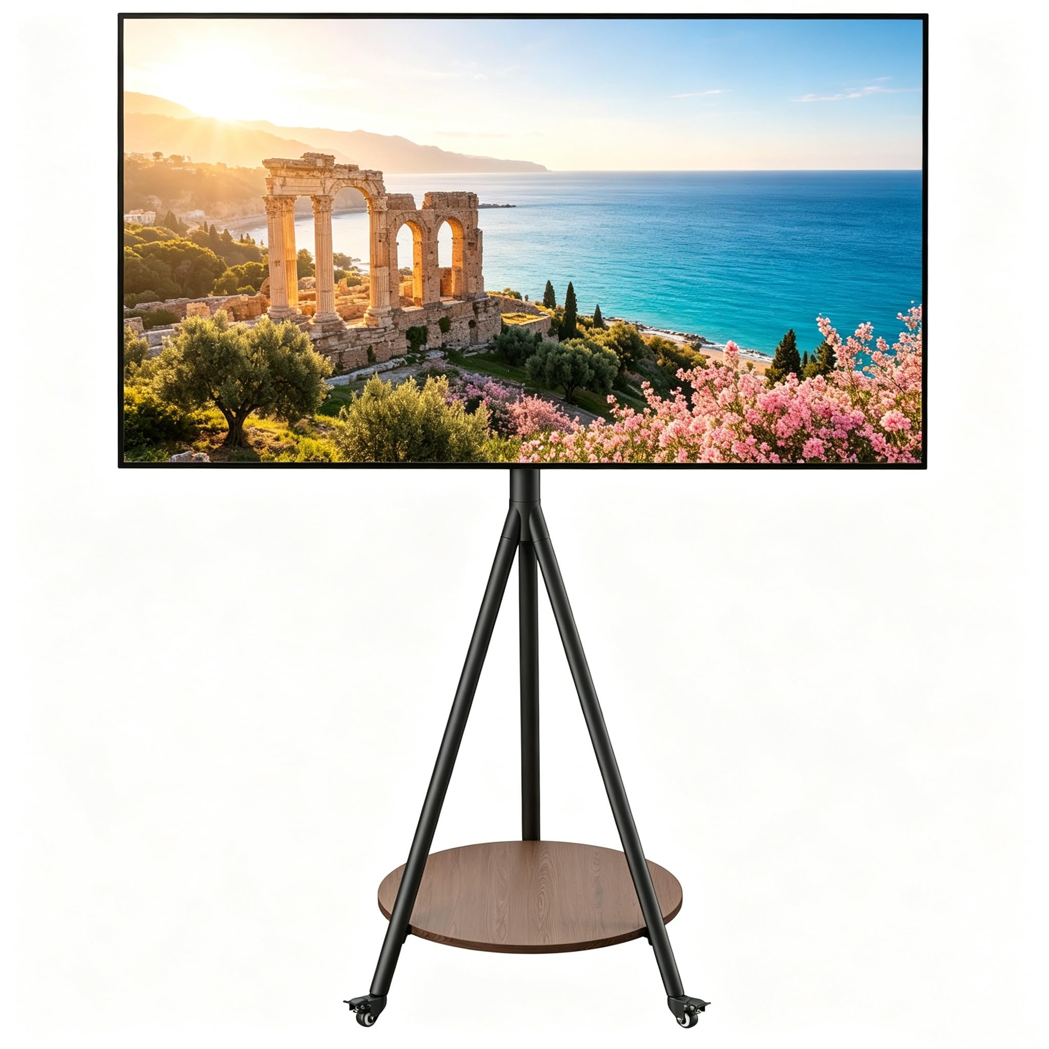 UNHO Supporto TV da Pavimento con Ruote 40-75 Pollici Peso Max 50kg Nero | Porta TV con Ruote Cavalletto Treppiede, Max VESA 600x400mm, Legno Ripiano, Regolabile in Altezza, Design moderno