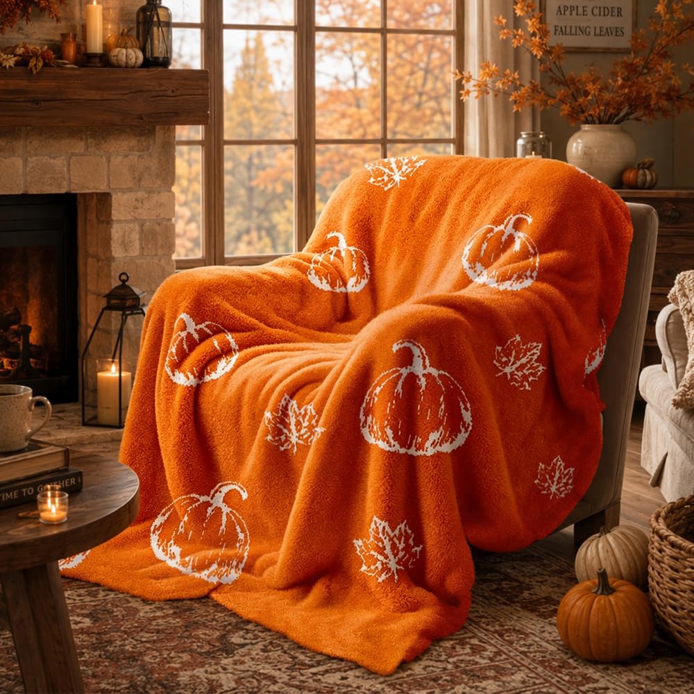 LYPPUL Autumn Blanket Pumpkin Throw, Autumn Throws for Sofa