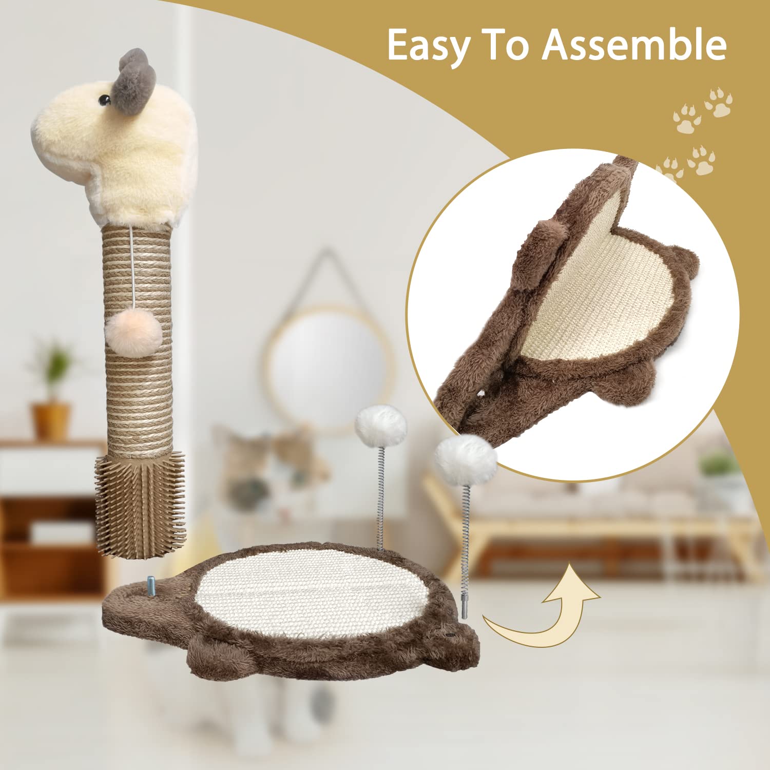 Arkham Pet 19� 4 in 1 Cat Scratching Post with Cat Scratcher Mat for Small Cats, Cat Scratching Posts for Indoor Cats with Cat Self Groomer, Natural Sisal Cat Scractcher with 3 Plush Ball.