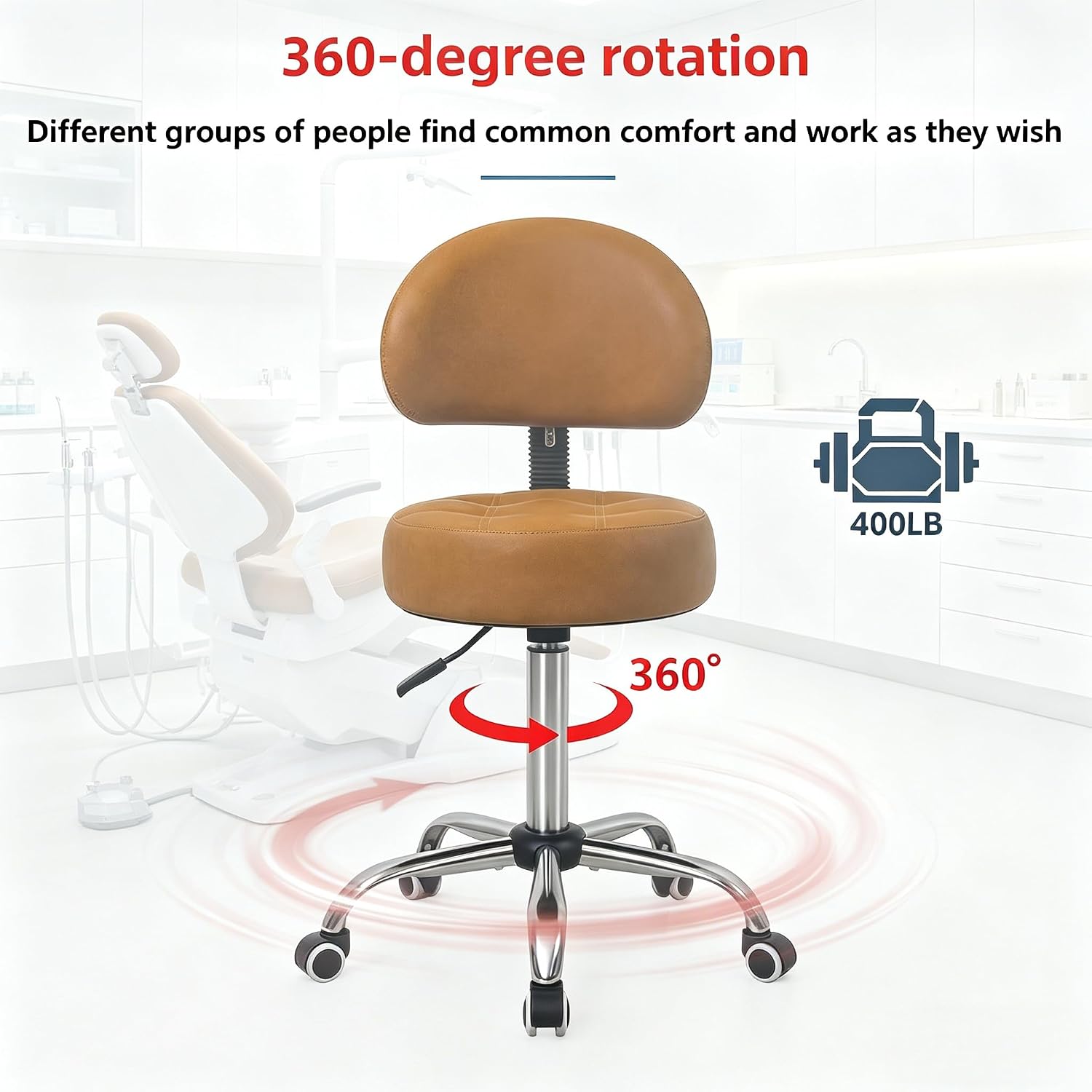 Rolling Stool with Backrest&Wheels, Camel | Height Adjustable, Swivel, With Back Support, Multi-Purpose for Salon Office Spa Bar Kitchen