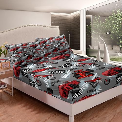 Miniatura 3 de Erosebridal Sábana bajera ajustable de auto de carreras rojo tamaño individual para niños, sábanas de motocross de dibujos animados, sábanas para