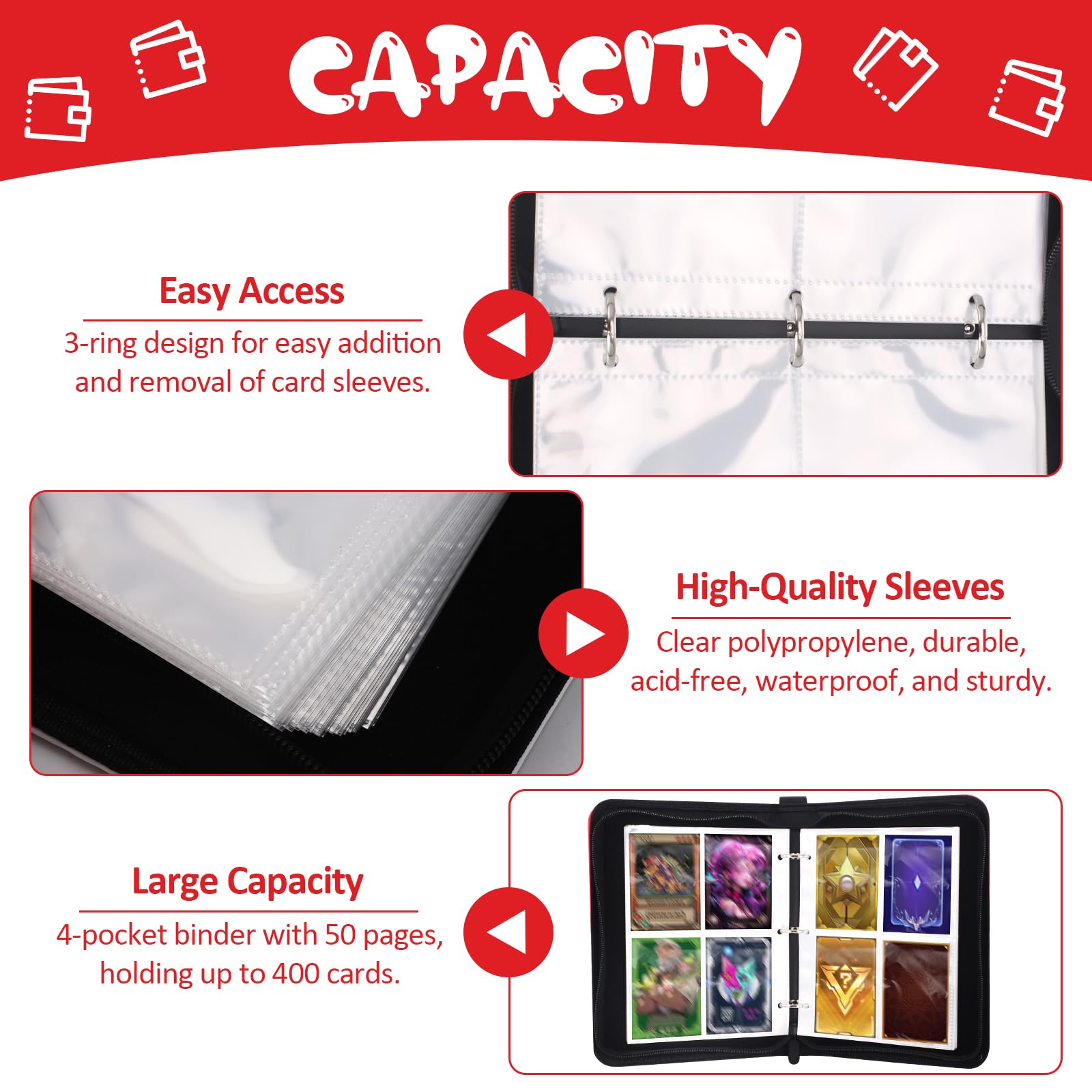 4 Pocket Card Binder, Removable 50 Pages 400 Pockets Trading Card Binder,  PU Waterproof Card Collection Binder with Zipper, Portable Albums for Kids  Adult Gifts (Red+White)  BigaMart