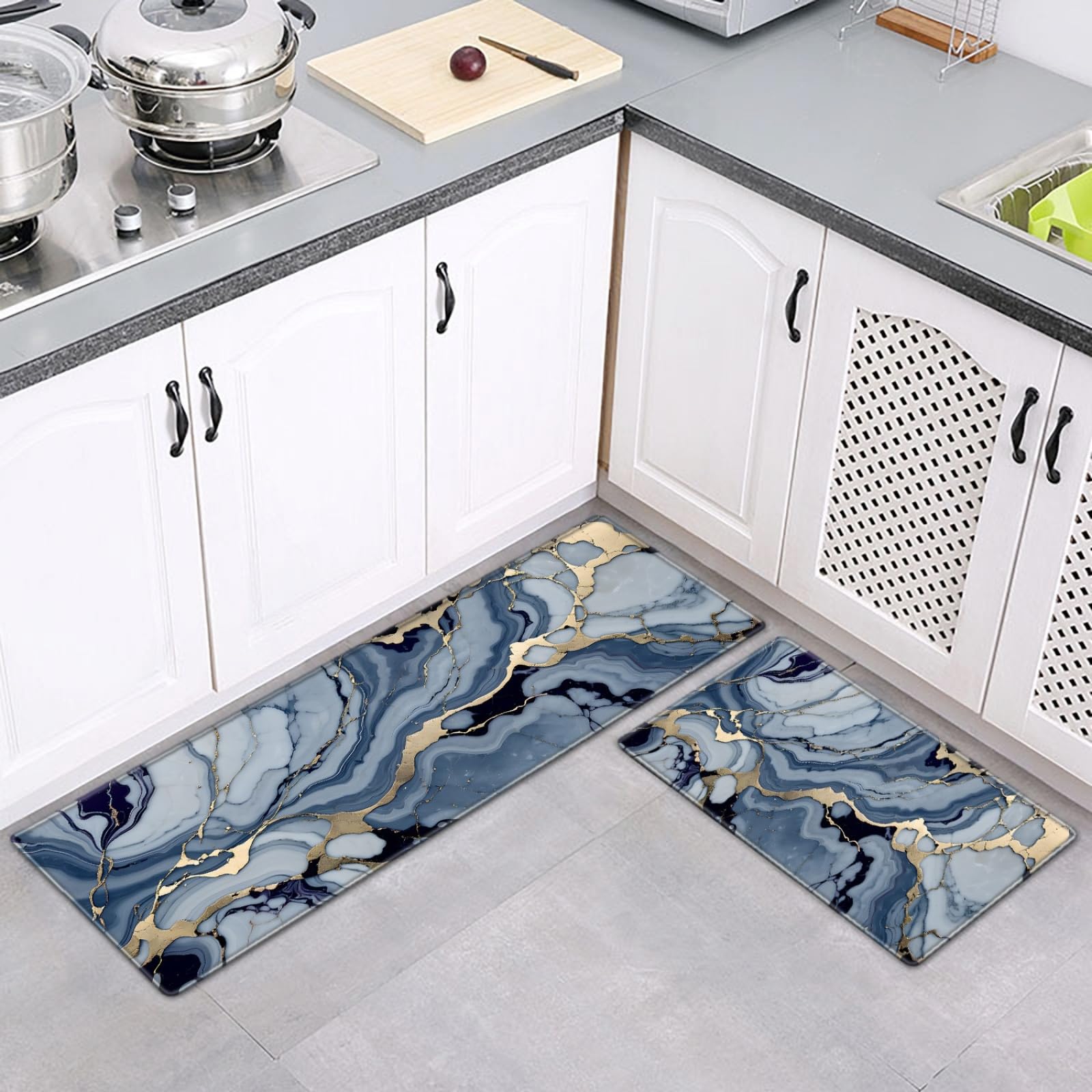 Tapis de cuisine lavable marbre bleu anti-huile pour protéger vos sols propres