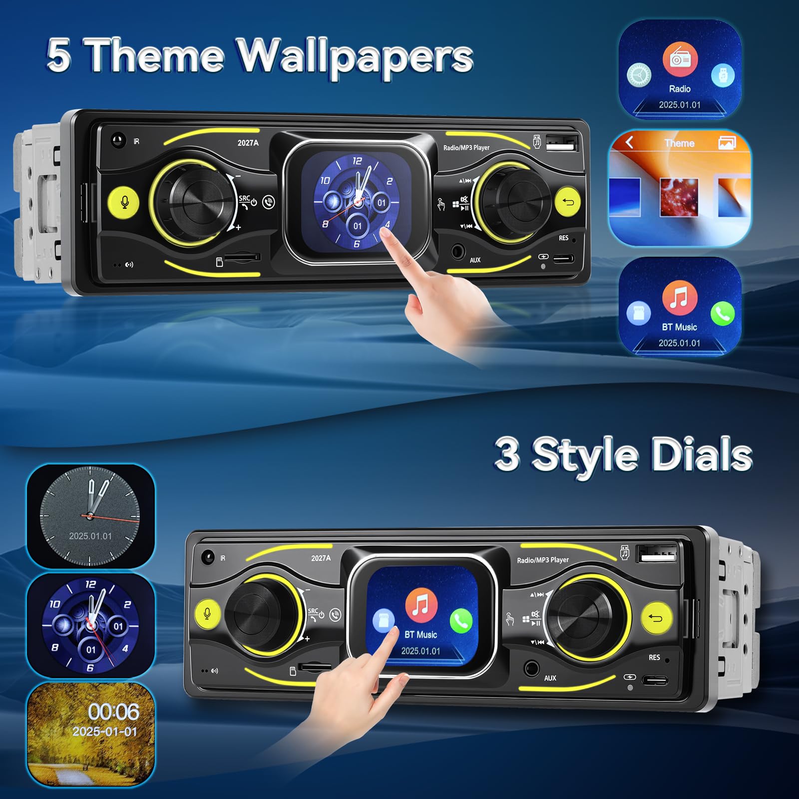 NHOPEEW Radio samochodowe 1 DIN z Bluetooth i ekranem dotykowym: odtwarzacz MP3 z FM, korektor, zestaw głośnomówiący, wejście USB/SD/AUX, ładowanie typu C, złącze ISO i kolorowe światła LED
