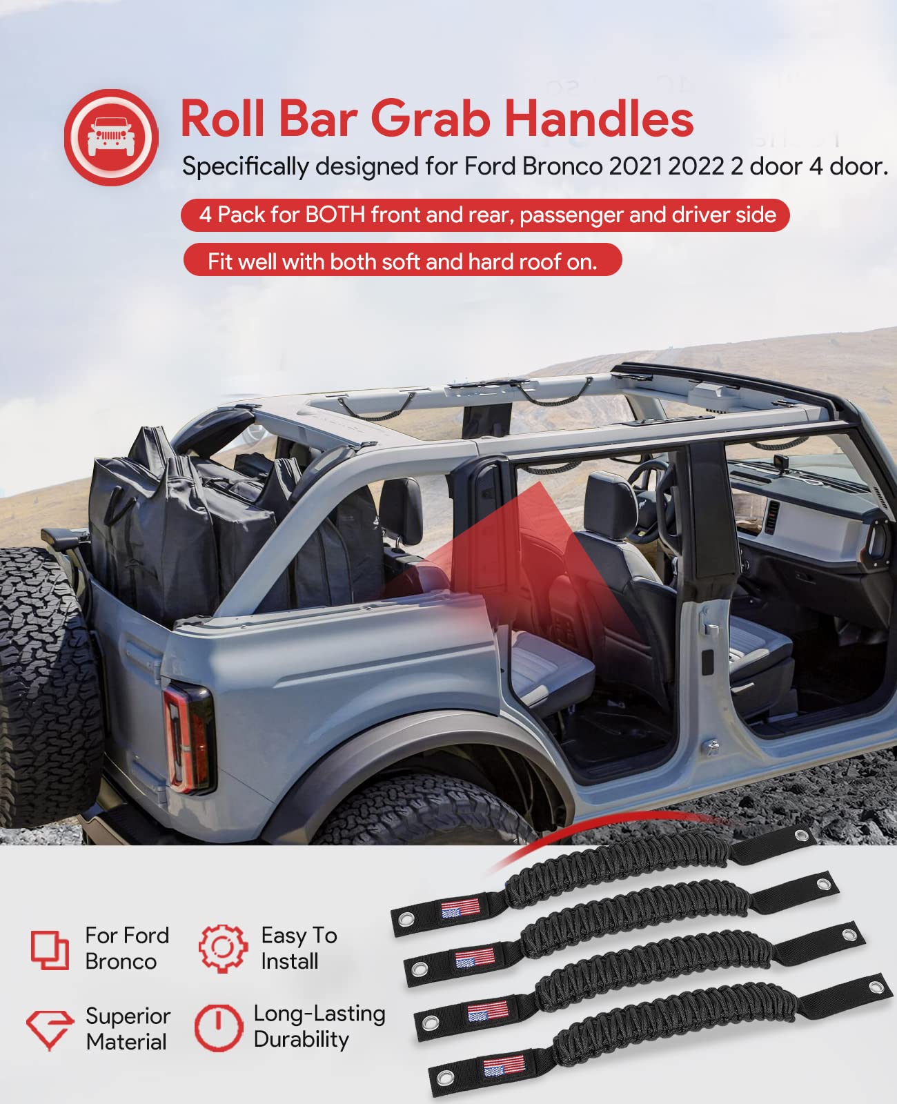 RedRock Bronco Paracord Grab Handles With Flag Logo; Front; Green FB26822 (21-26 Bronco) - Free Shipping