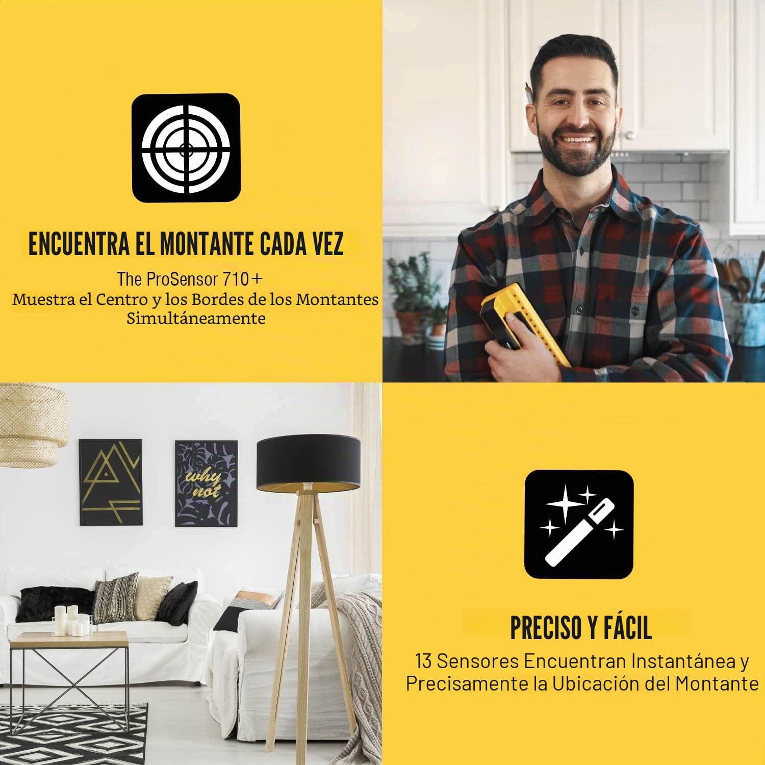Franklin Sensors FS710PRO ProSensor 710+ Buscador de pernos profesional con 13 sensores para la más alta precisión, detecta pernos de madera y metal con alta velocidad, amarillo