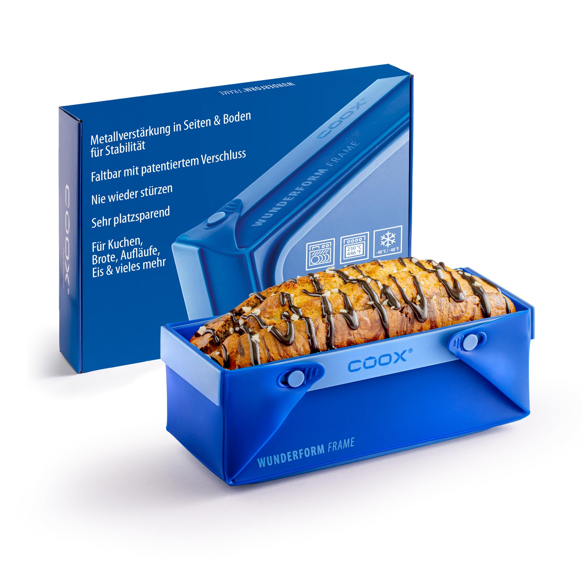 coox WUNDERFORM Frame S - die faltbare Kastenform mit Metallverstärkung - Backen & Servieren in Einem I Antihaft-Silikon I Spülmaschinenfest I Kein Stürzen I BPA-frei Blau