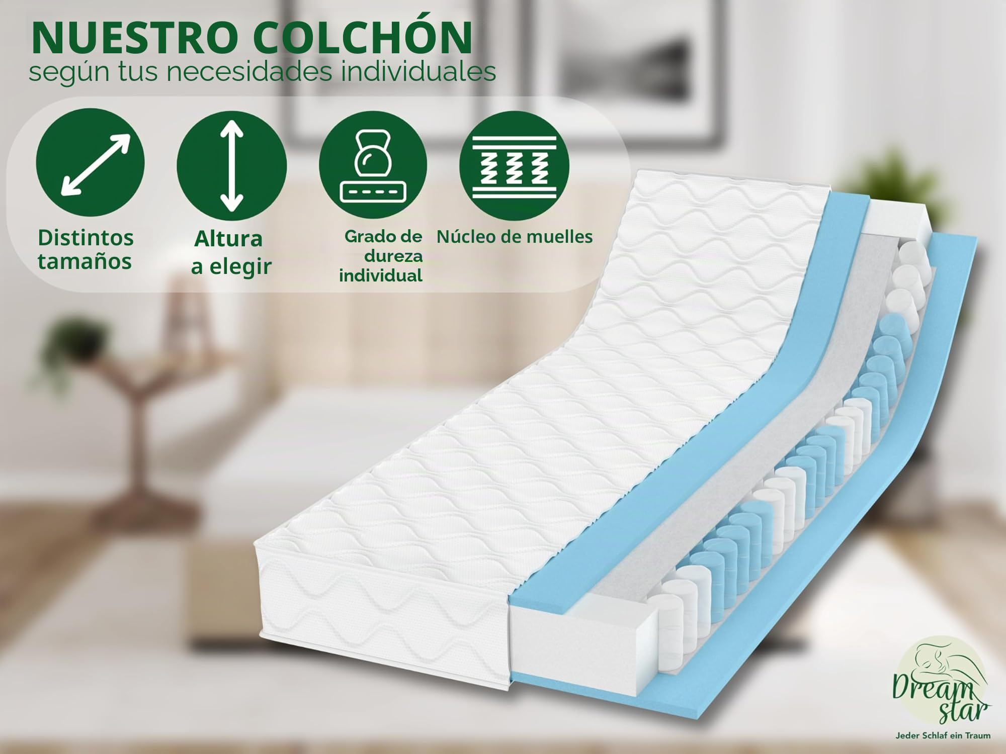 DREAMSTAR Colchón Ergo Flex Duo muelles ensacados 7 zonas 17 cm H2-H3 Öko-Tex 90x200