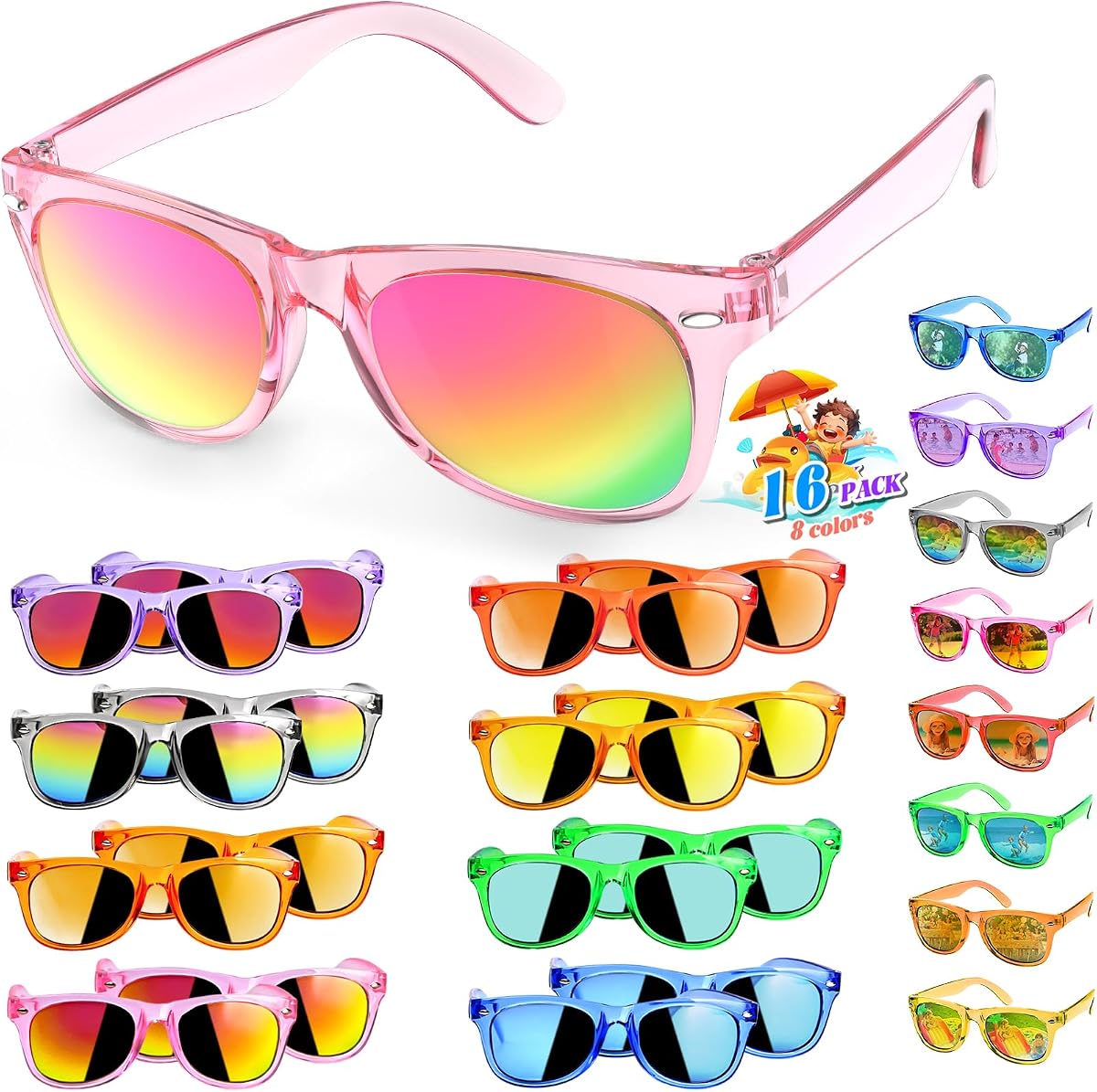 Paquete de 16 gafas de sol para niños, regalos de fiesta a granel, bolsas de regalos para niños de 3 a 8 años, gafas de neón para niños y niñas con protección UV400, regalo de graduación para el aula de cumpleaños, suministros para fiestas en la playa y la piscina