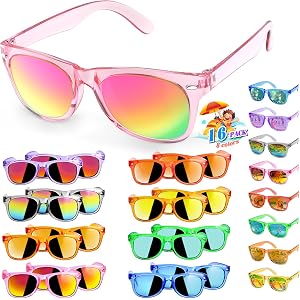 16 Pack Kids Sunglasses Bulk Party Favors - Goodie Bags Stuffers for Children Age 3-8,Boy Girl Neon Glasses with UV400 Protection,Birthday Classroom Graduation Gift,Pool Beach Party Supplies