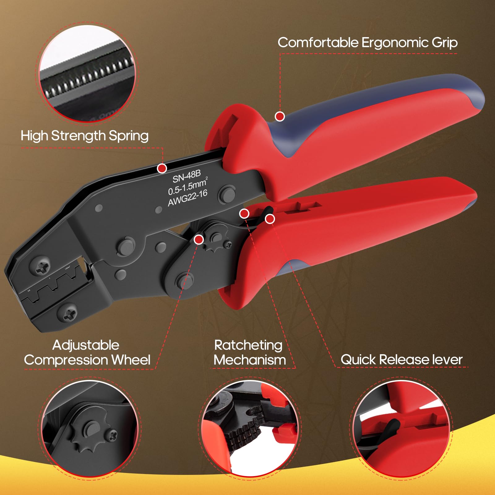 Kit de conector de herramienta de crimpado, herramienta de crimpado de alambre de trinquete para 300 piezas de conectores de terminal de pala macho hembra con funda aislante, herramienta de crimpado