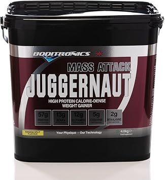 Boditronics Mass Attack Juggernaut Powder for Weight Gainer Powder, All in One Muscle Mass Gainer, High Protein Powder for Men and Women, with 5g Creatine, BCAA,Glutamine & Beta Alanine Banana Split