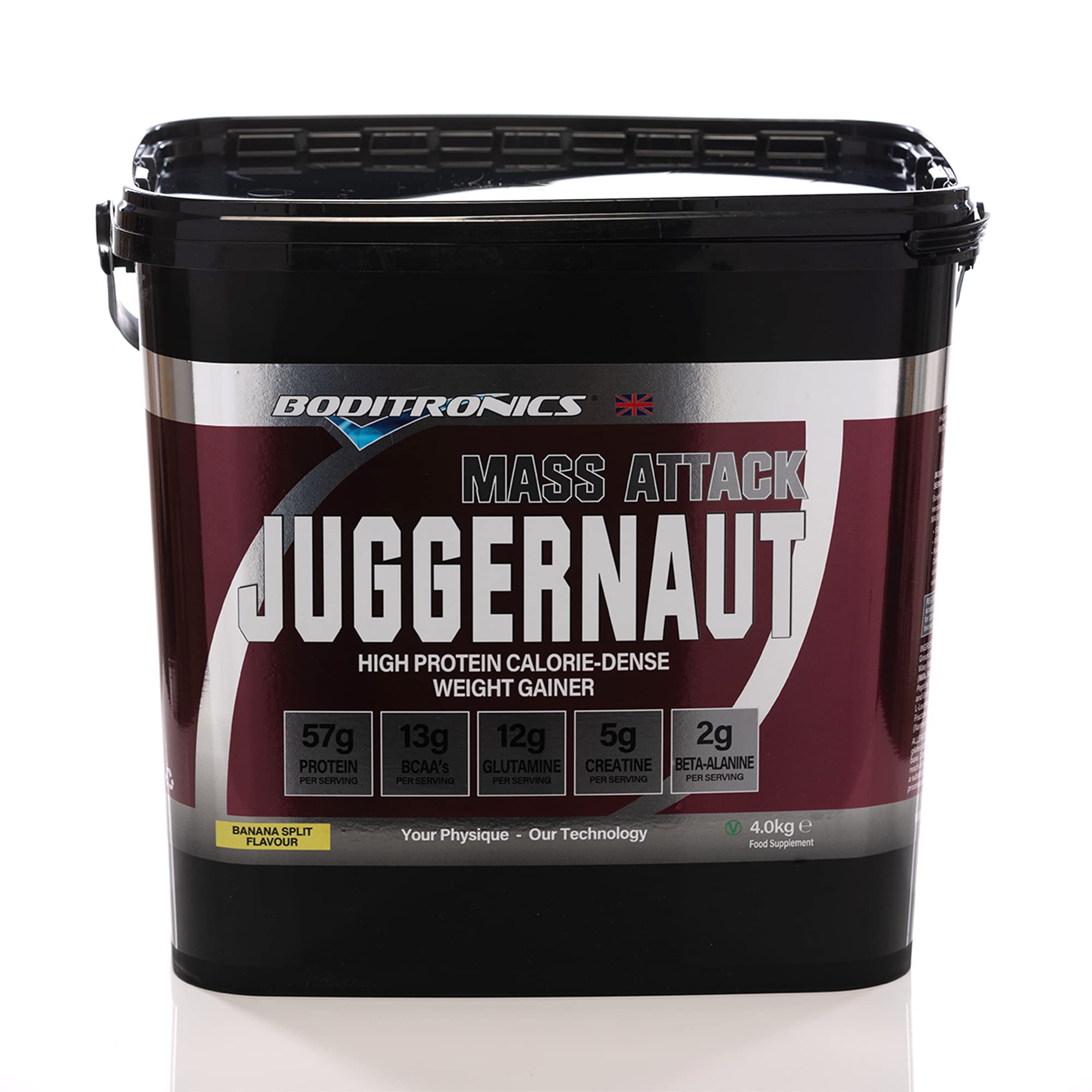 Boditronics Mass Attack Juggernaut Powder for Weight Gainer Powder, All in One Muscle Mass Gainer, High Protein Powder for Men and Women, with 5g Creatine, BCAA,Glutamine & Beta Alanine (Banana Split)