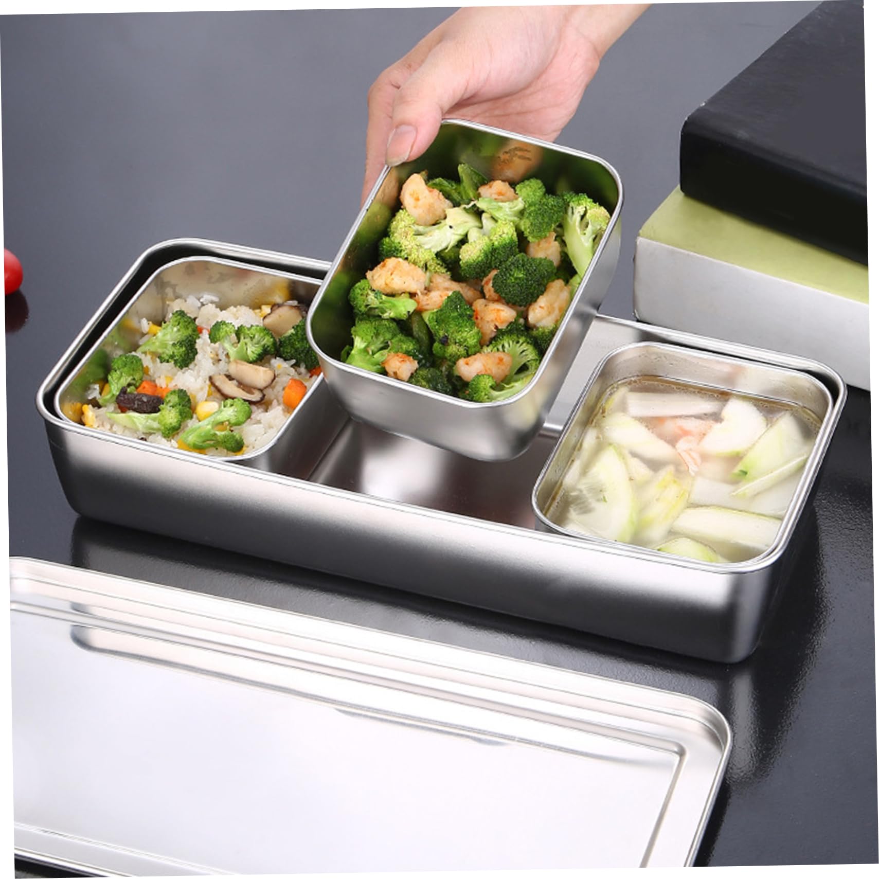 Caja de especias de acero inoxidable con 3 compartimentos para condimentos con tapa, desmontable, lavable, condimentos y especias para cocina