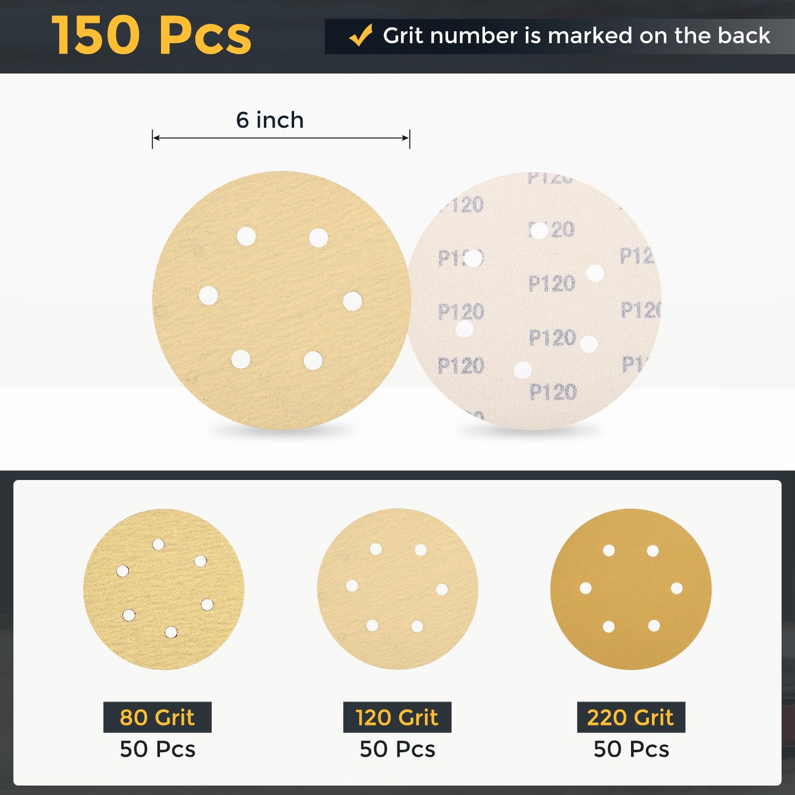sourcing map 150 discos de lija orbitales aleatorios de 150 mm, 6 agujeros, grano 80/120/220, almohadillas de lija orbitales aleatorias para carpintería, automoción, metal, dorado