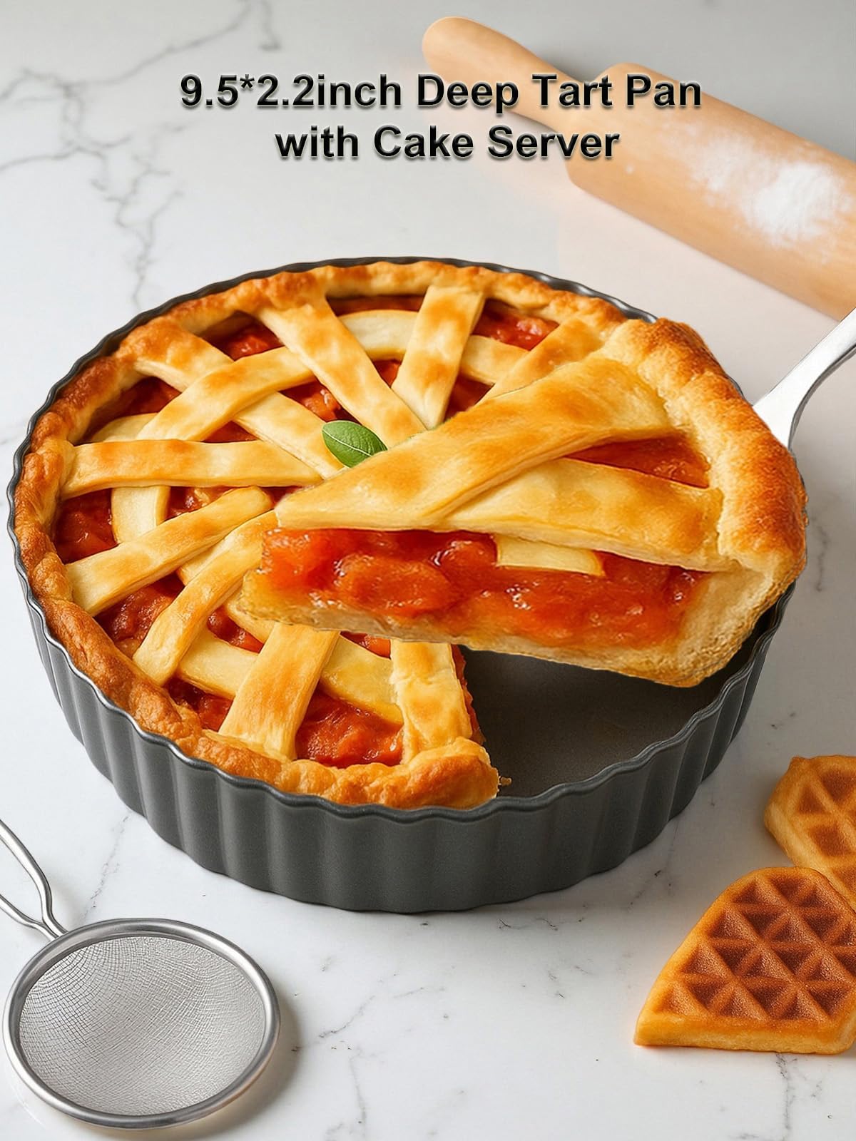 Yamteck 9.5*2.2 Inch Deep Tart Pan w/ Pie Cake Server. Removable Bottom, Non-Stick Coating, Rugged Carbon Steel for Tart Quiche Baking. Gift for Women Wife Christmas Thanksgiving Party Festival Family