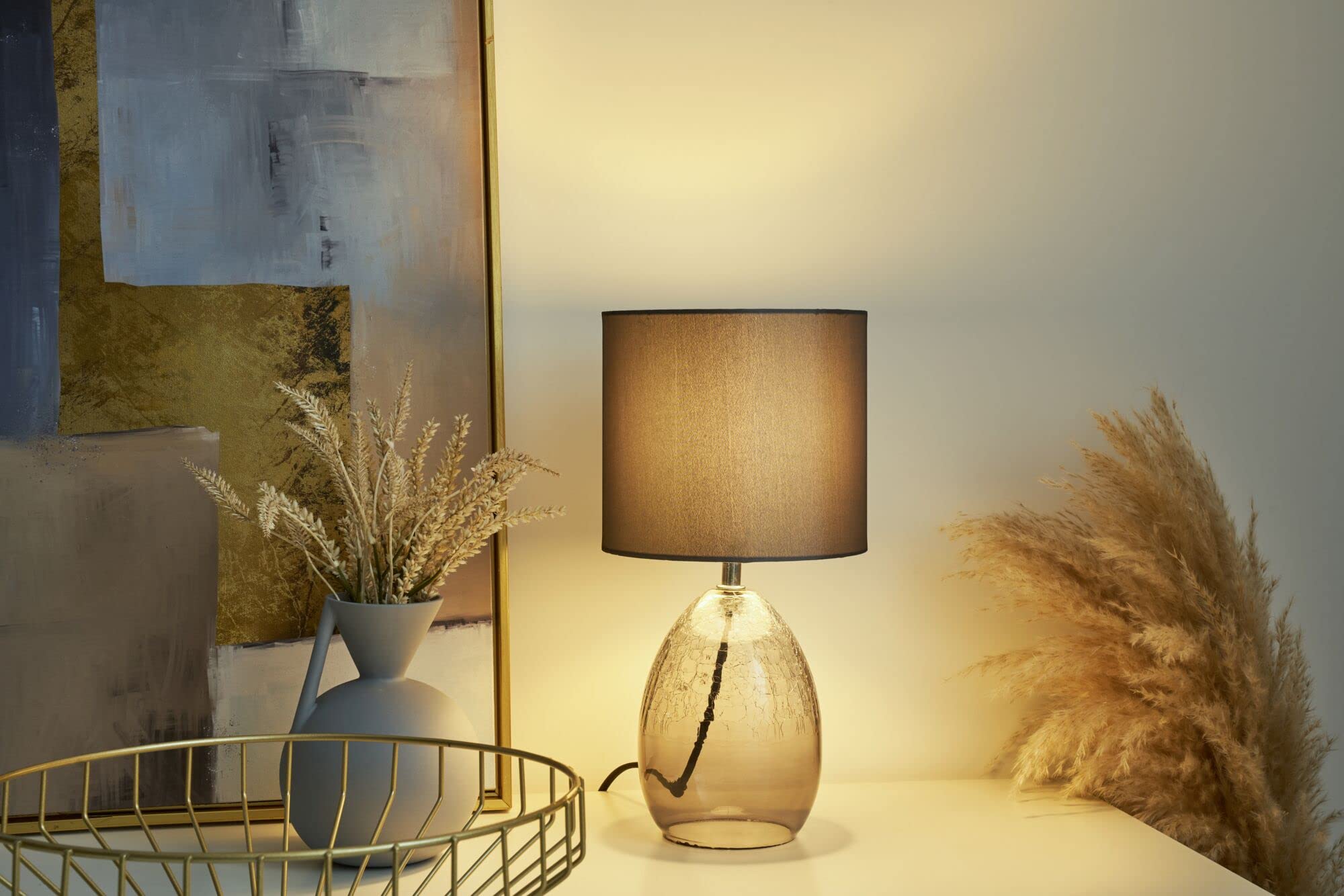 Pauleen 48212 Tempting Gleam Tischleuchte max. 20 Watt Grau, Rauchglas Nachttischlampe im Glamour Look aus Stoff, Glas E14