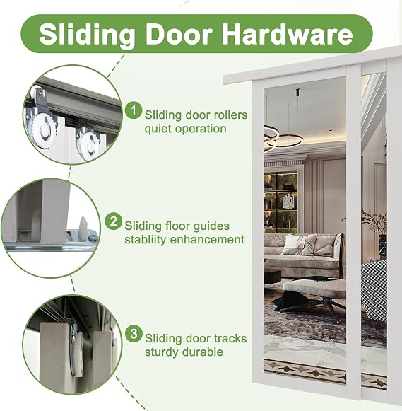 Bypass, 60 x 80 Sliding Closet Door, Double 31 Panels with One Side Mirror, Primed & Paintable Surface, White, Pre-Assembled Panels & Hardware Kit for Bedroom/Closet/Laundry