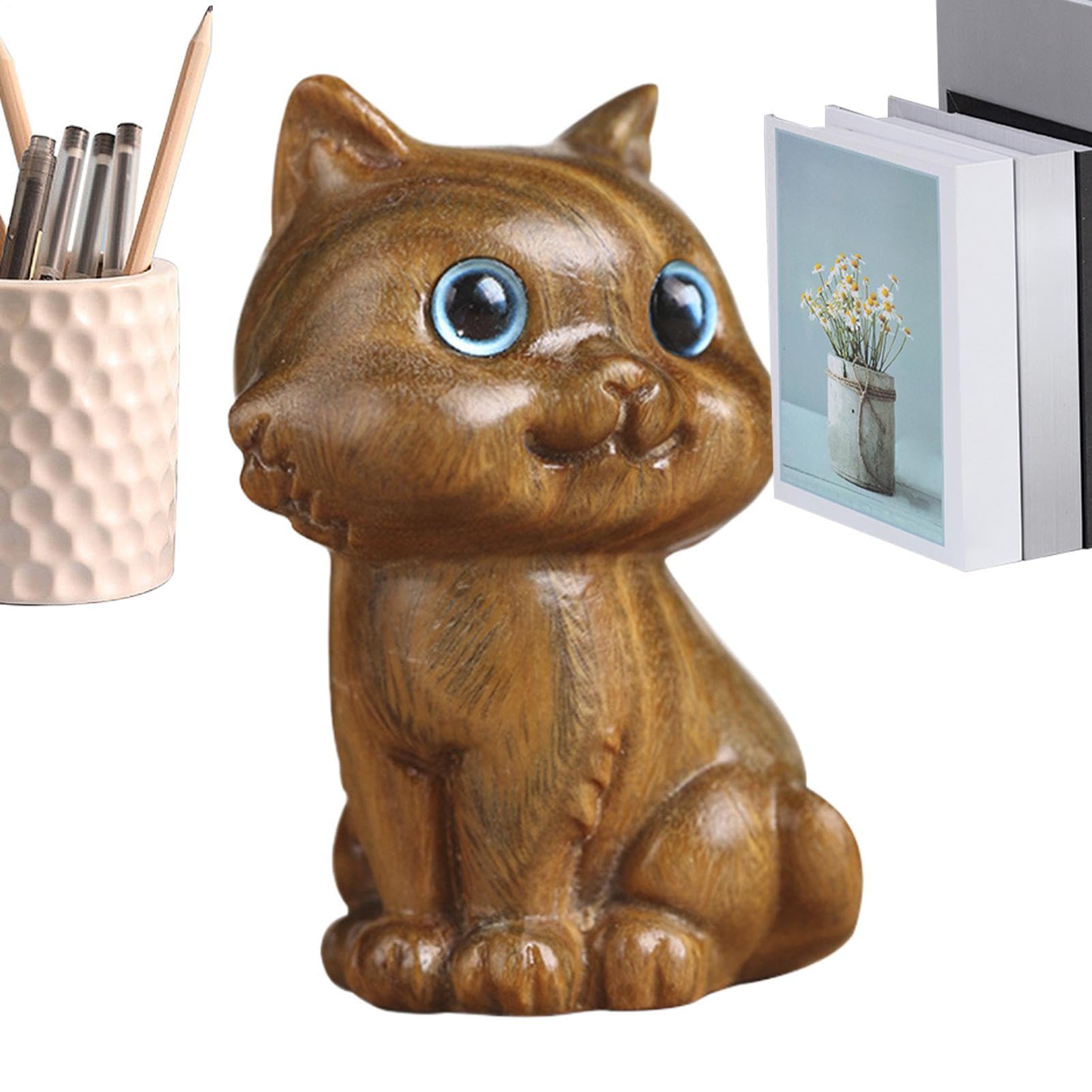 Figurines de chat en bois sculpté main pour une décoration de bureau raffinée