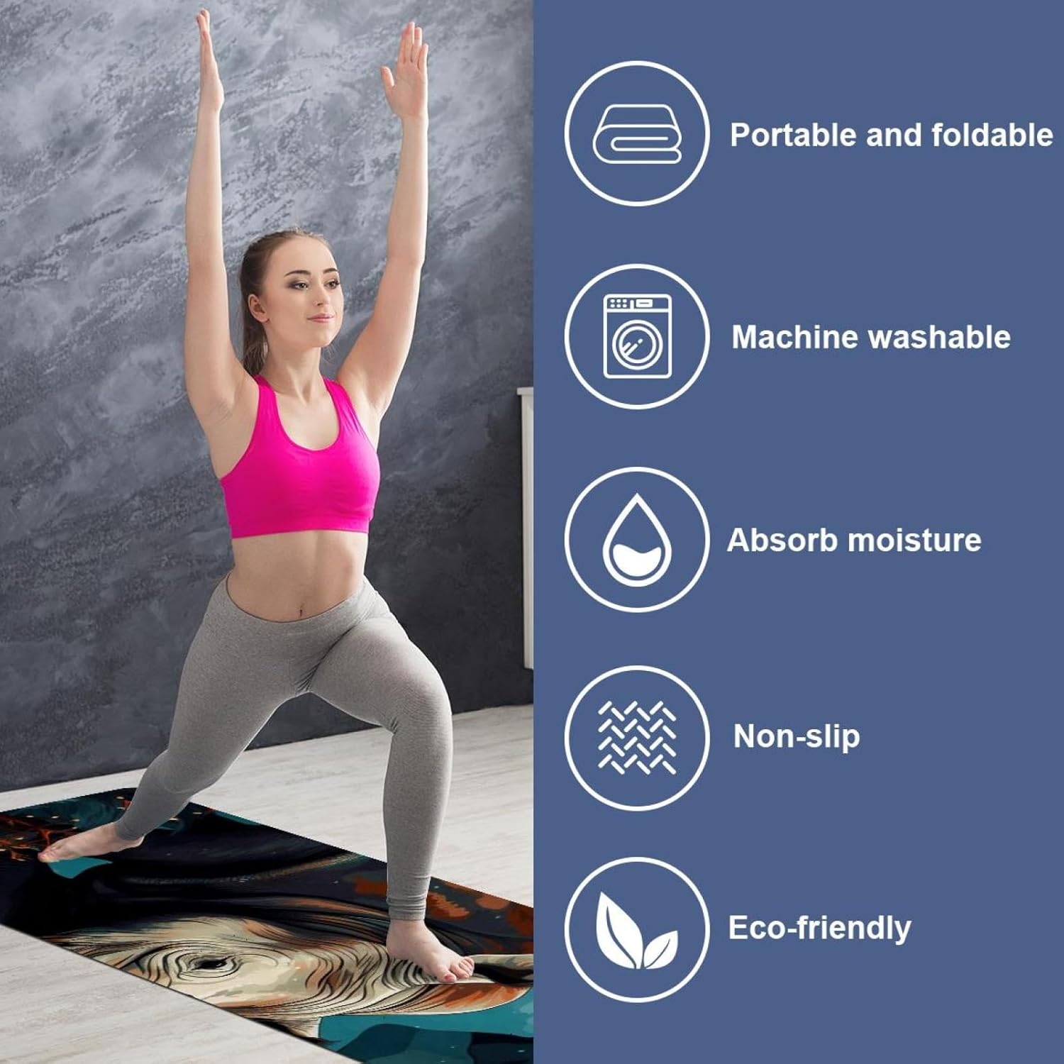 Yoga Towel, Rhino Animal Print Non Slip Sweat Absorbent Hot Yoga Mat Towel for Hot Yoga, Pilates and Fitness - 72.8" x 26.8"