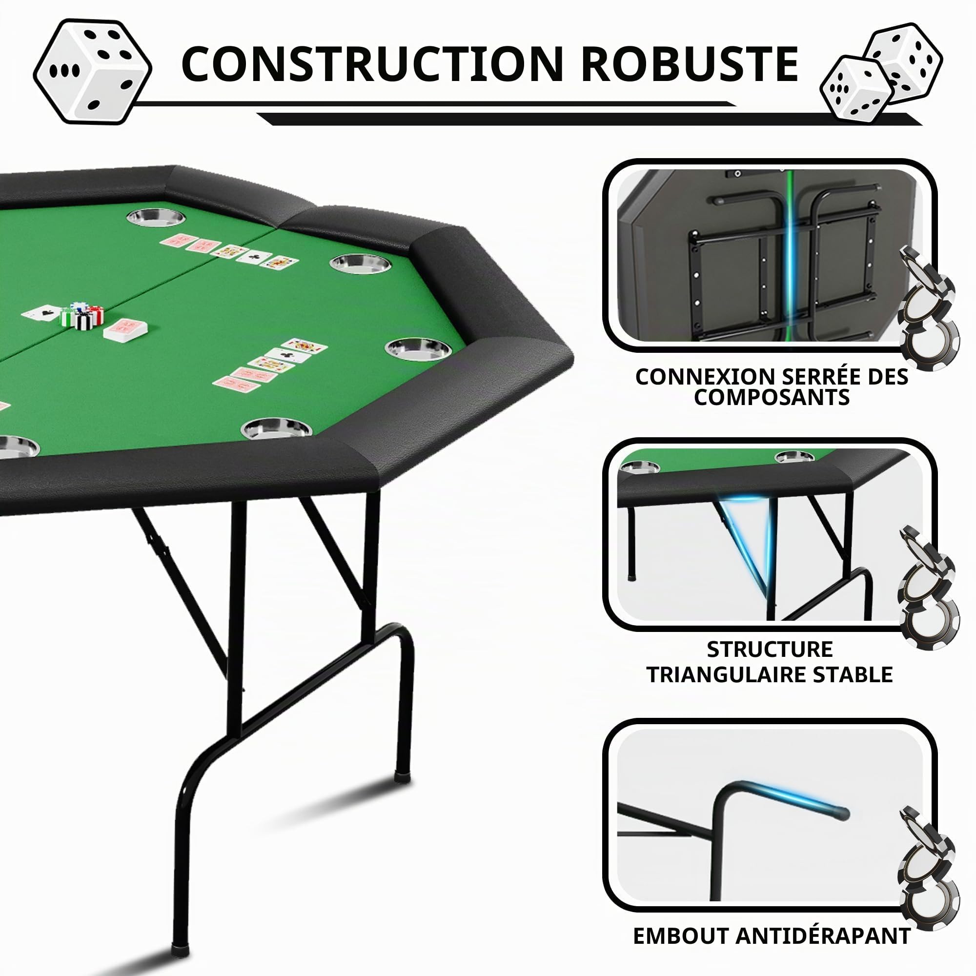 Poker table professionnelle en acier inoxydable, 120 x 120 cm, pliable de qualité casino, pour 8 joueurs, coussin de porte-gobelets