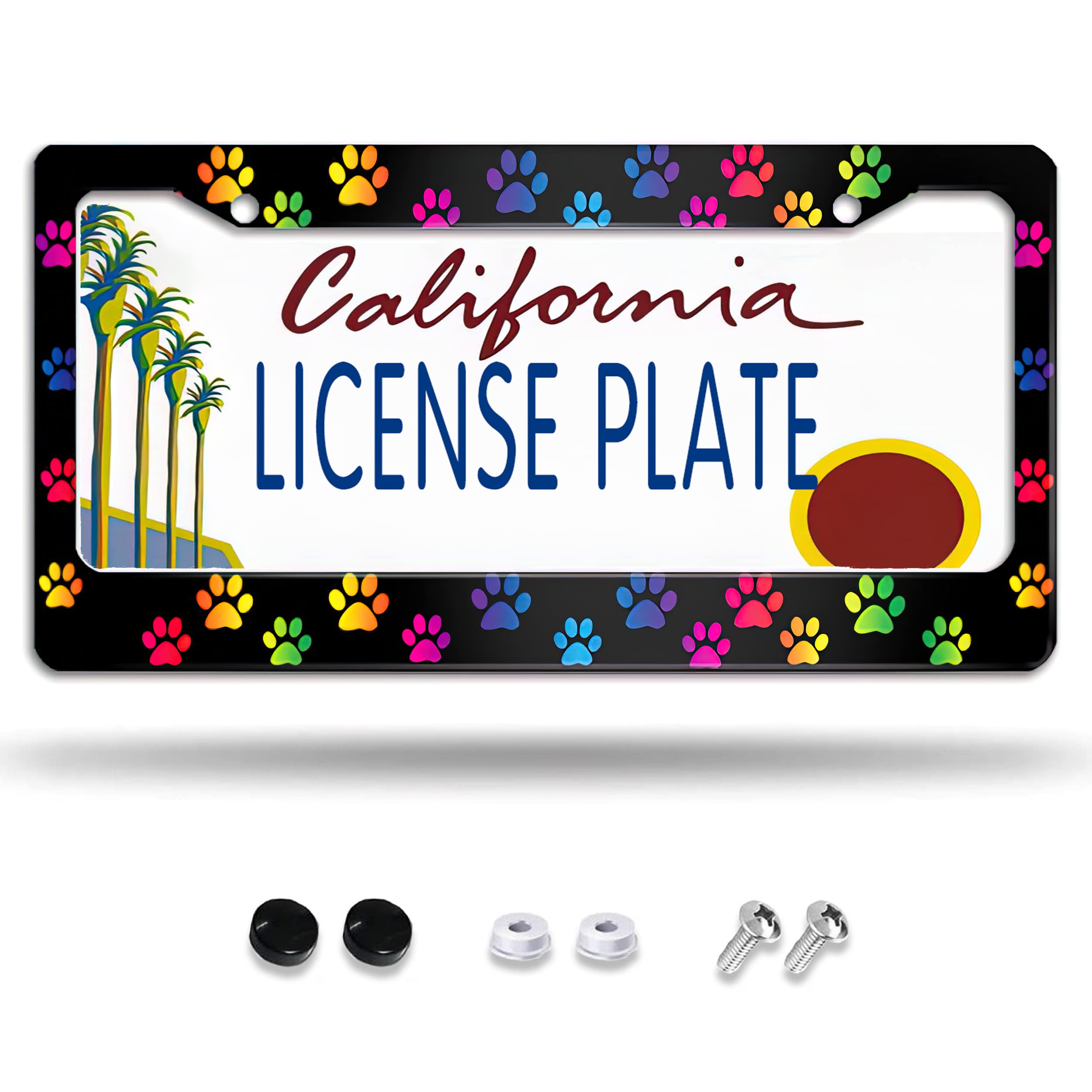 Larkverk Paw Dog Print License Plate Frame Decorative Car Tag Frames  Aluminum Stainless License Plate Holder for Women Holes US Standard  12''x6''