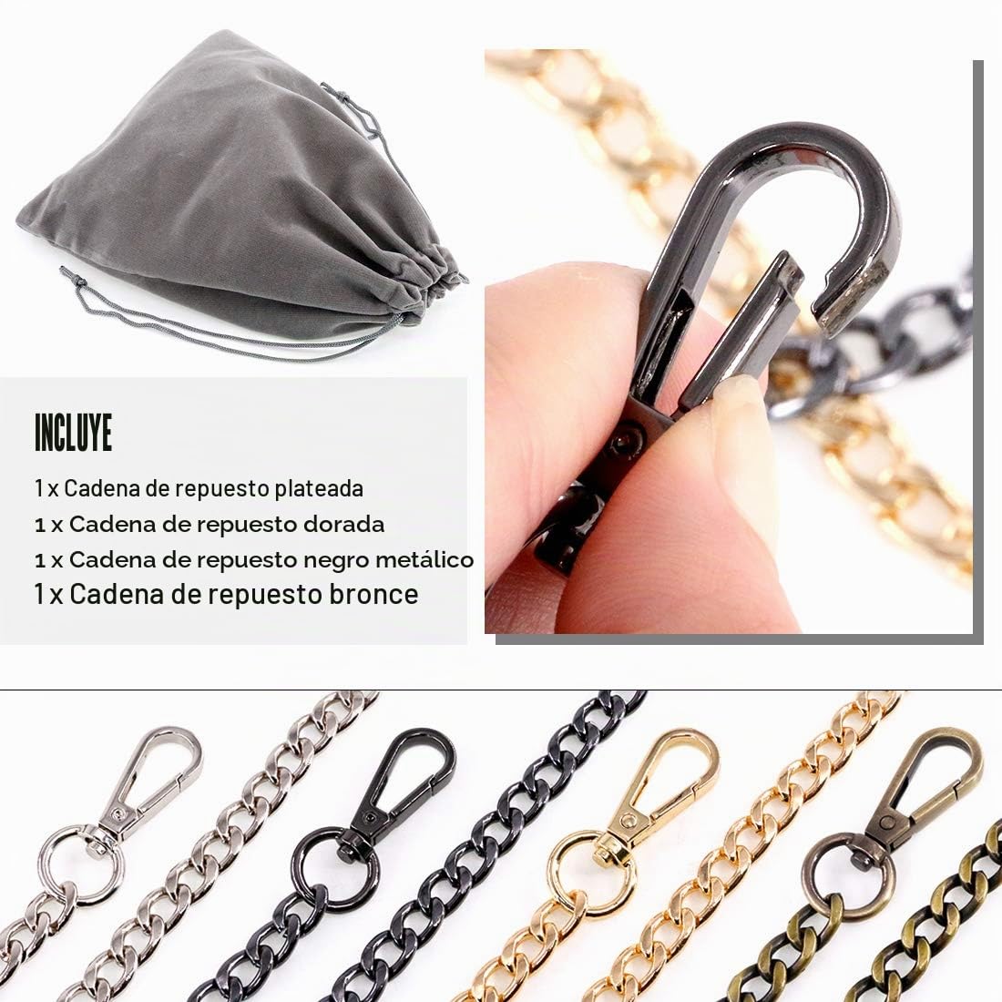 Swpeet Juego de 4 Correas de Cadena Plana de Repuesto de 47 Pulgadas con Hebillas, Bricolaje, Bolsa de Hombro de Metal, Bolsa de Mano, Bolsa de Mano de Repuesto (Oro + Plata + Bronce +