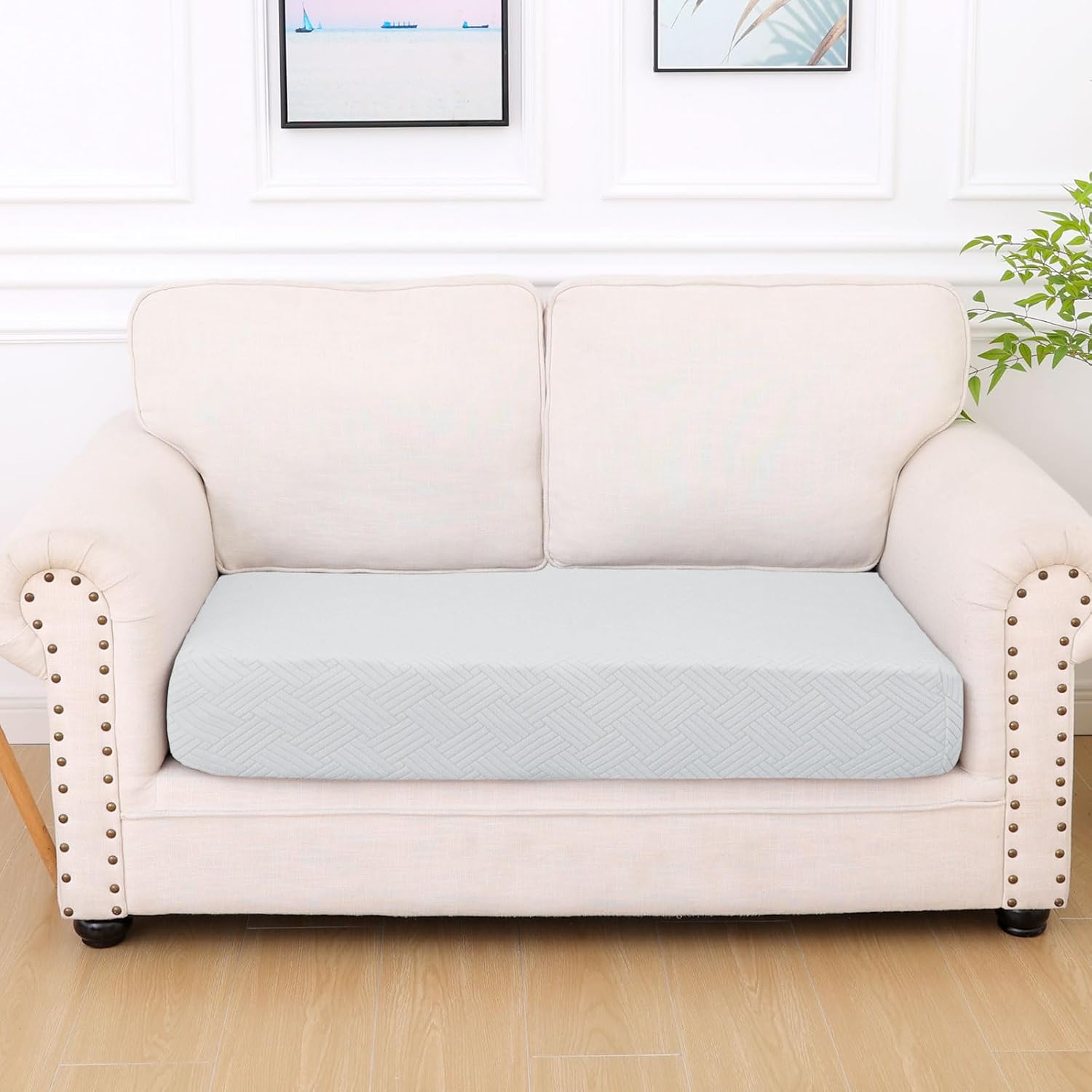 hyha Waterproof Couch Cushion Covers, Stretch Magic Sofa Seat Slipcover, Waterproof Sectional Couch/Sofa Cushion Covers for Pets Washable with Elastic Bottom(Medium, Light Grey)