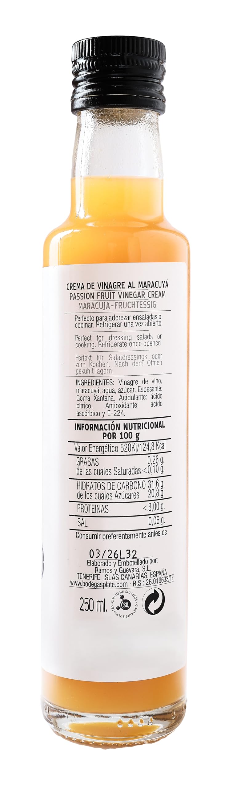 Crema de Vinagre de Maracuyá 250 ml Aderezo frutal vegano sin gluten