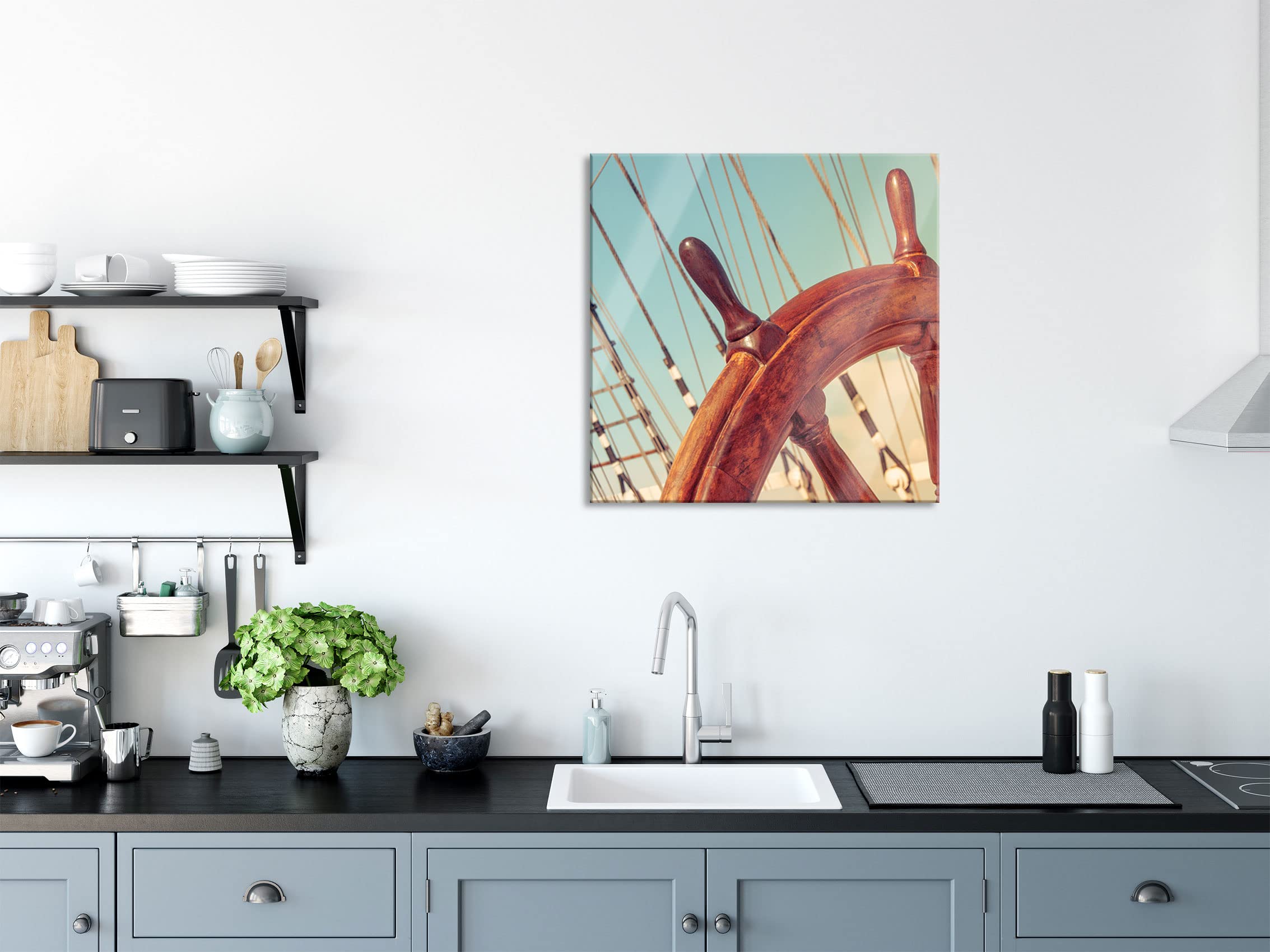 Pixxprint Glasbild, Wandbild auf Echtglas, Steuerrad auf dem Schiff, 80x80 cm, inkl. Aufhängung und Abstandshalter