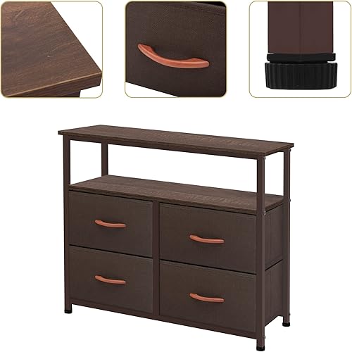 Miniatura 5 de Cómoda para dormitorio, unidad organizadora de 4 cajones con estantes abiertos, marco de acero resistente, cómoda de tela superior de madera y