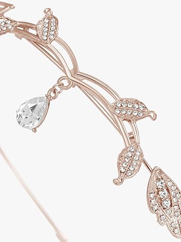 Miniatura 6 de SWEETV Diadema de hojas con diamantes de imitación para novias, Tiara de cristal con colgante de hada para boda, graduación, cumpleaños