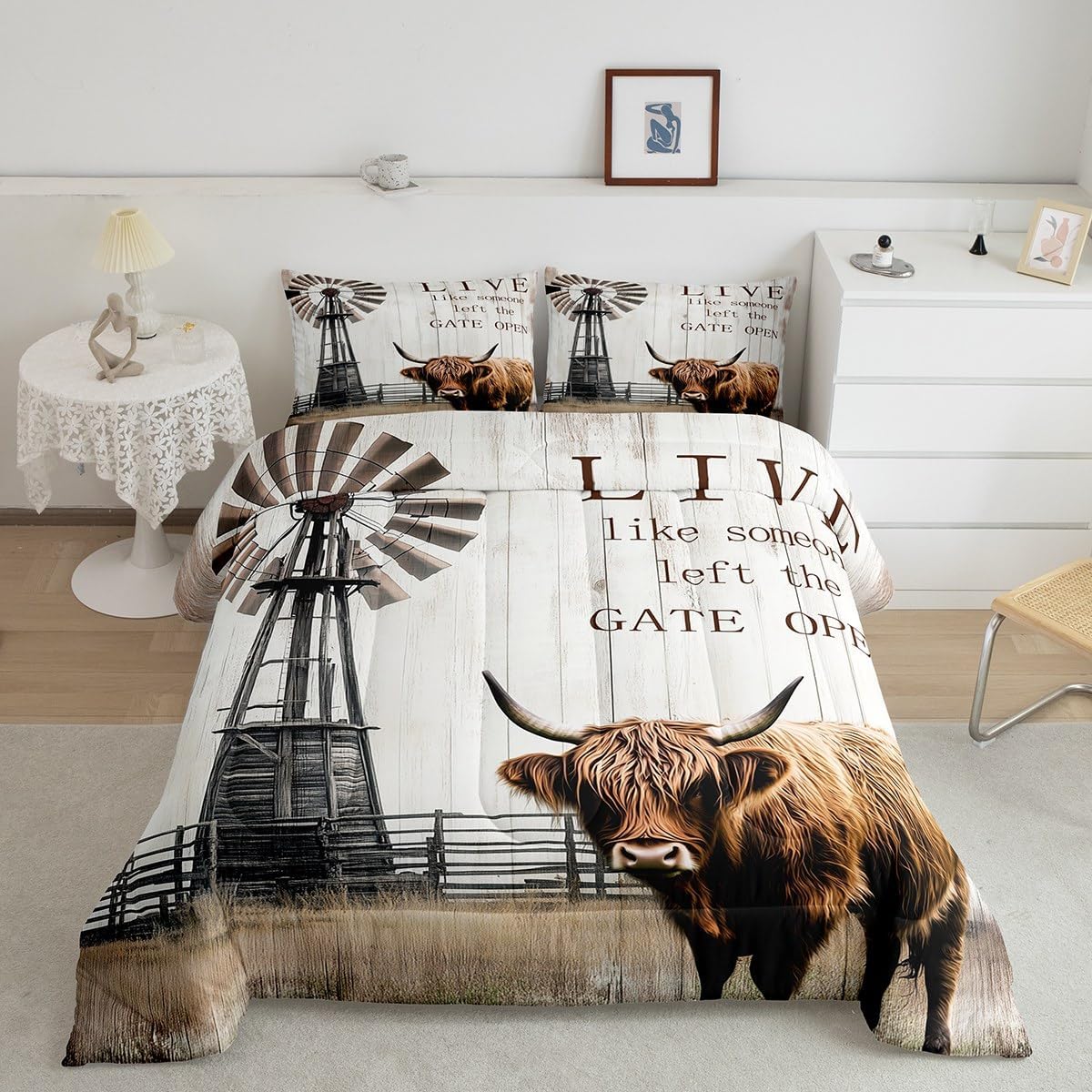 Highland Cow Comforter Set Garden Windmill Decor Farmhouse Bedding Set Queen,Country Lodge Cabin Quilt Rustic Cottage Retro Barn Door Duvet Insert,Longhorn Bull Cattle Farm Animals Room Decor