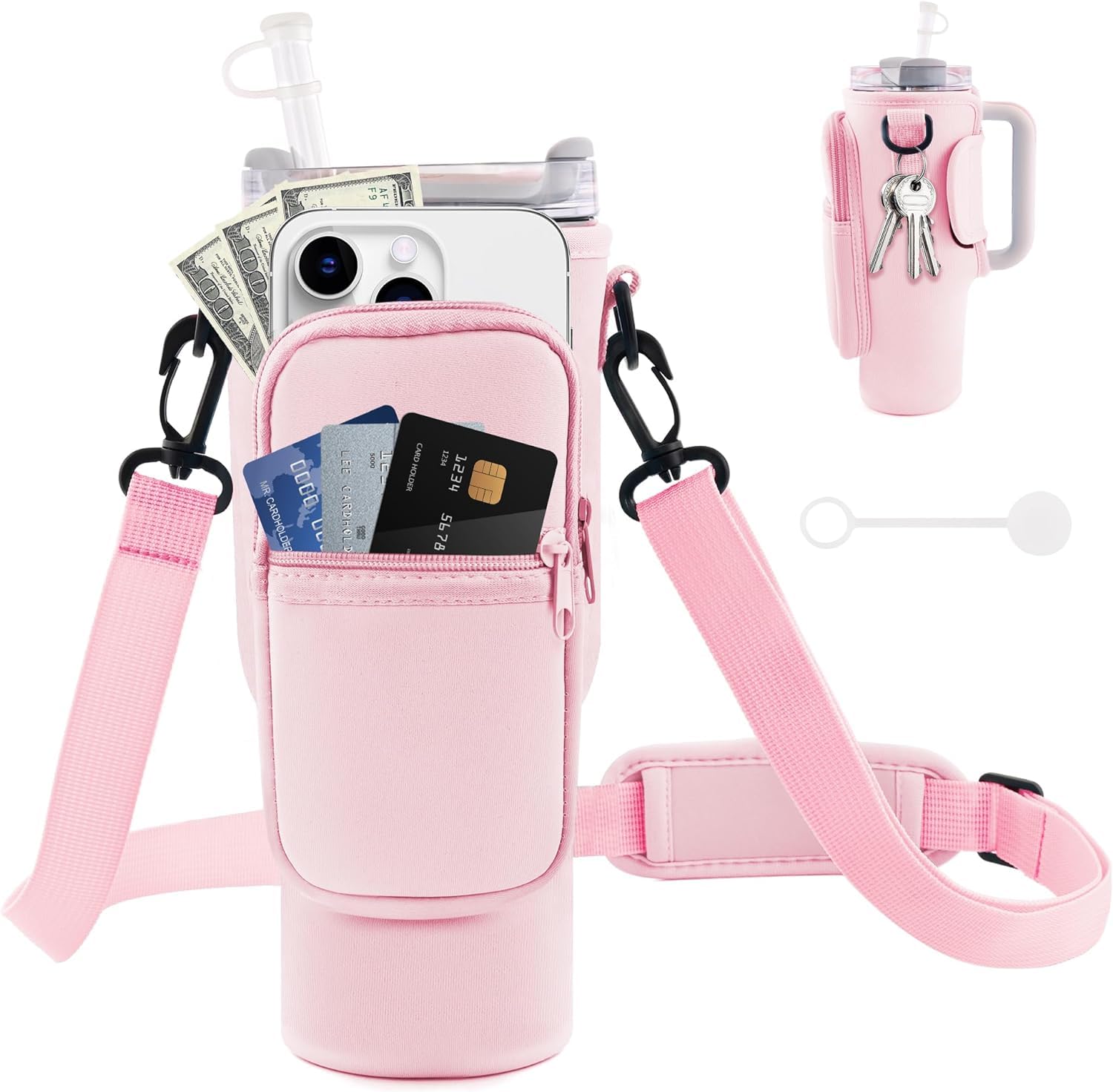 Borsa Portabottiglie Per Stanley 1,18L Con Tracolla E Tasca Cellulare – Neoprene Rosa - 3