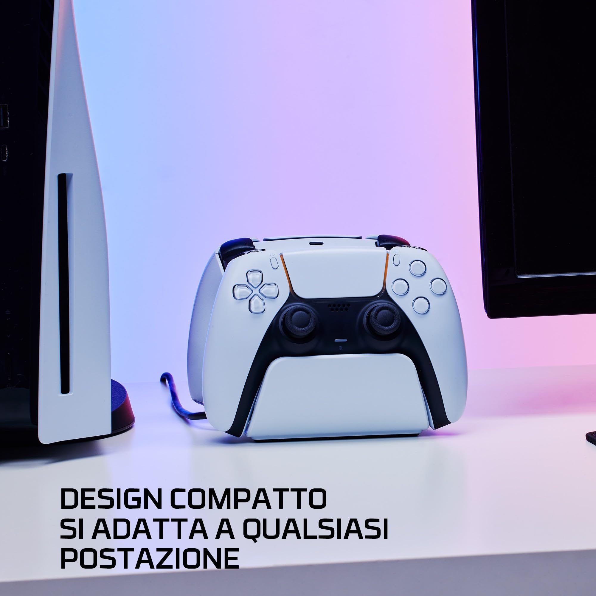 HyperX ChargePlay Duo, Stazione di ricarica simultanea per 2 controller Playstation 5 DualSense senza filo, Base appesantita e stabile, Spina alimentazione inglese (UK), Playstation 5, Bianco
