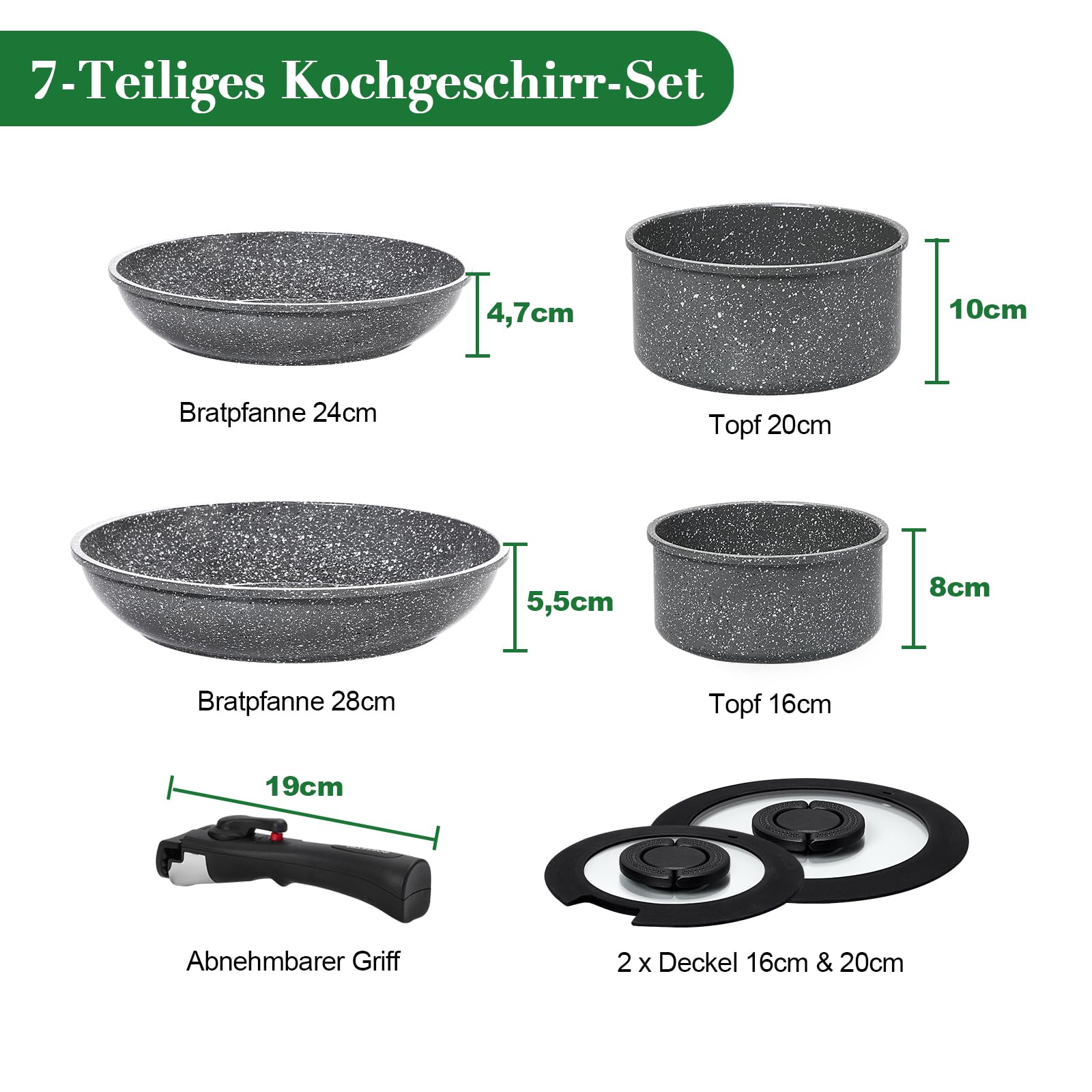 Topfset Pfannenset Induktion 7-teilige mit Abnehmbarer Griff, PFAS-Frei Keramik-Antihaftbeschichtet Pfanne 24/28cm, Kasserolle 16/20cm mit Glasdeckel, Stapelbar Ofenfest, Grau