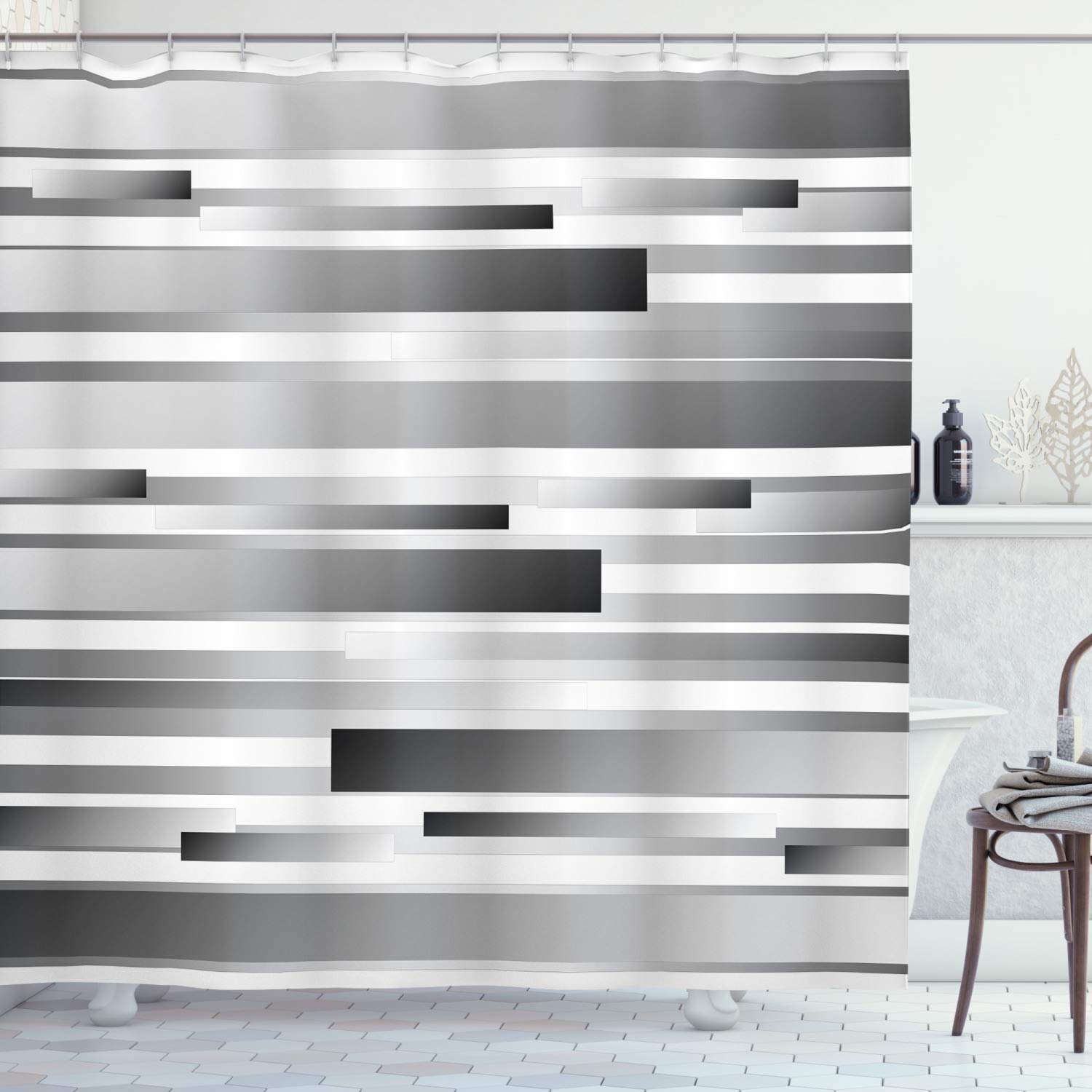 ABAKUHAUS Modern Shower Curtain, Symmetric Geometric Flat Surfaced Fractal Lines Regular Forms Art Print, Cloth Fabric Bathroom Decor Set with Hooks, 90 Inches, Silver Dark Grey — image 1