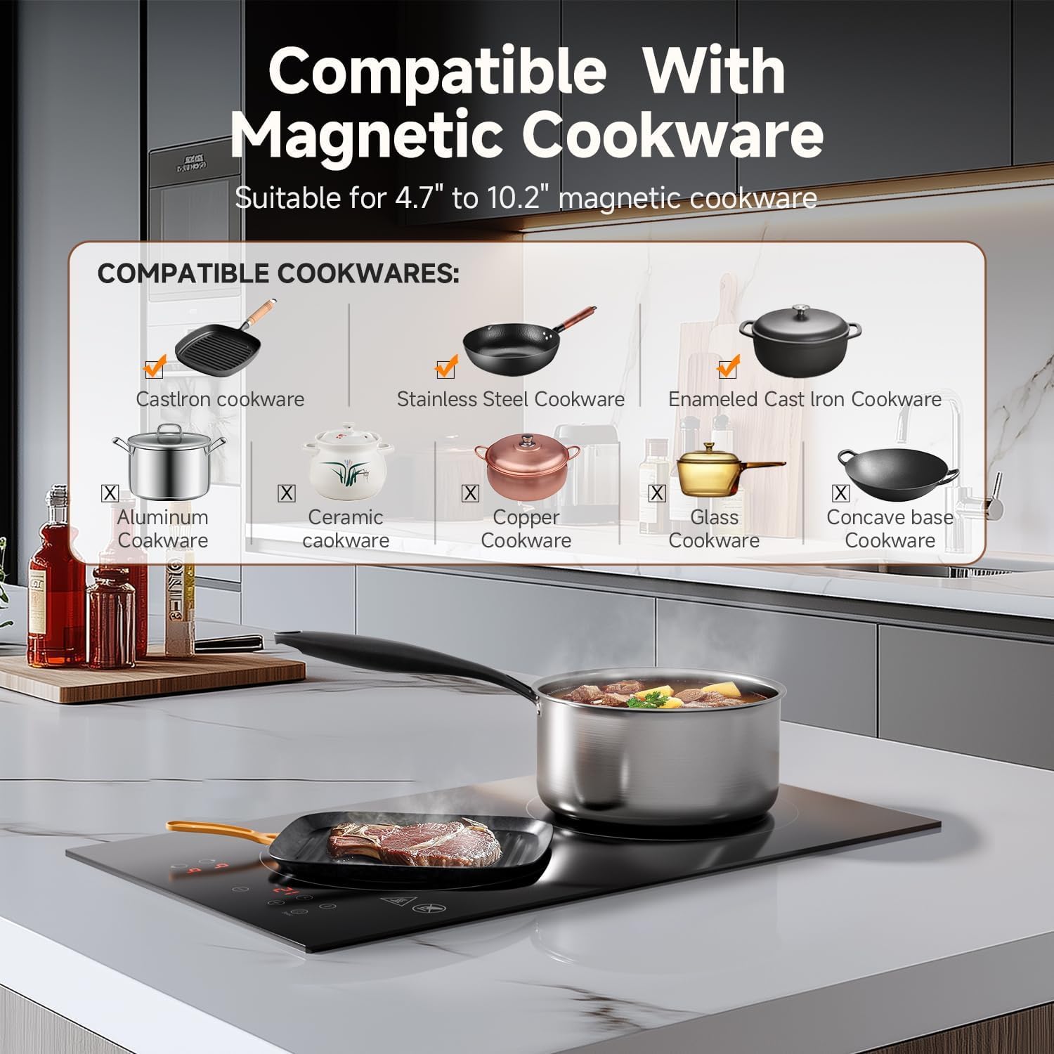 AMZCHEF Induction Hob showing compatible and incompatible cookware types