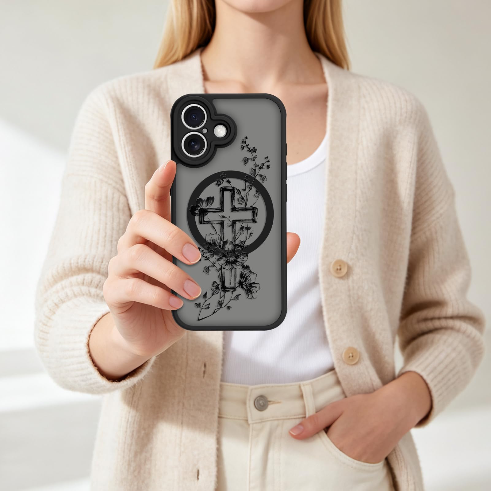 AIGOMARA Custodia magnetica per iPhone 16 Plus - Nero, fiore cristiano | [Compatibile con MagSafe] Cover posteriore rigida in morbido TPU anti-caduta antiurto elegante motivo floreale sottile
