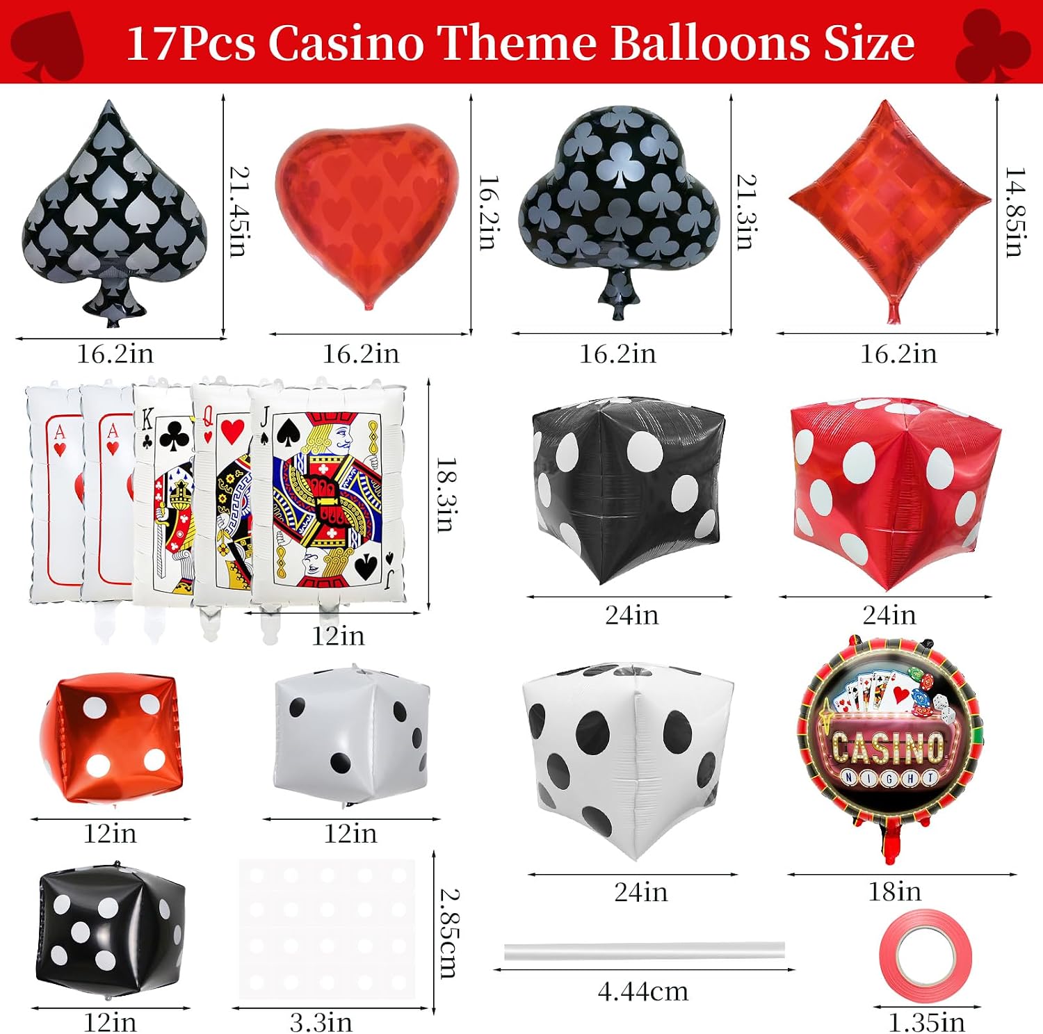 17Pcs Casino Night Balloons Set, Giant 24in Dice & Poker Cards Foil image 3