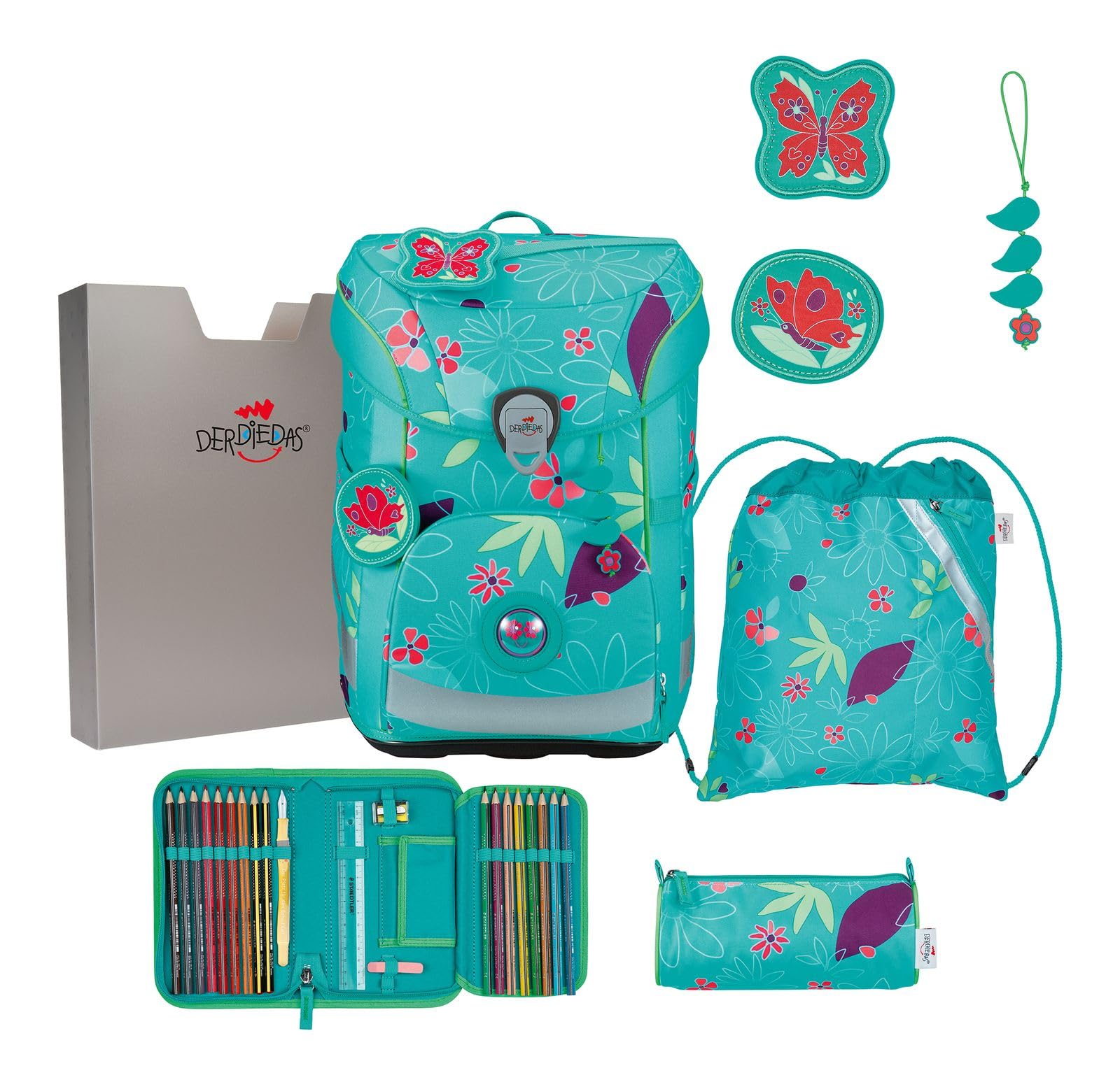 DerDieDas Schulranzen ErgoFlex Easy Set 6-teilig Butterfly Garden türkis